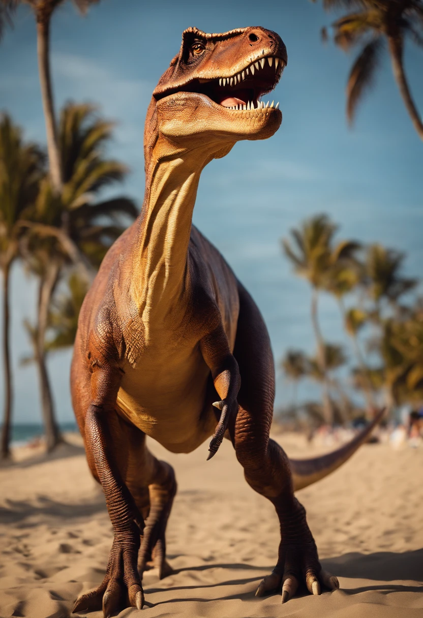 Realistic 4k angled photo of a maromba T-Rex dinosaur on a beach wearing a white tank top and Juliet glasses