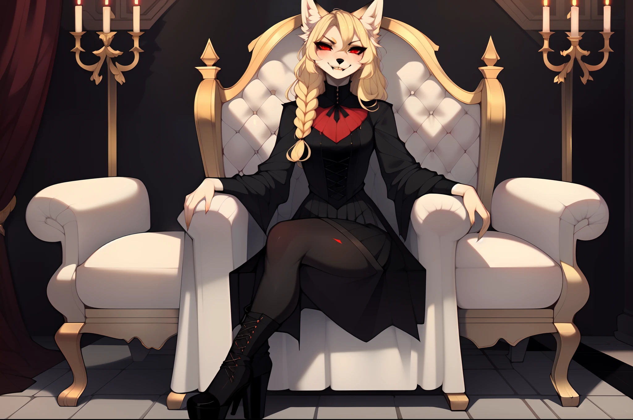 Kimiko, solo:1.3, red eyes, by claweddrip, cute blonde fox girl, long wavy hair, in a fancy dark mansion, sitting on a gothic throne, in a foyer, wearing black vampire clothes, grinning, furrowed eyebrows, large vampire fangs:1.3, wearing stiletto boots, sexy pose,