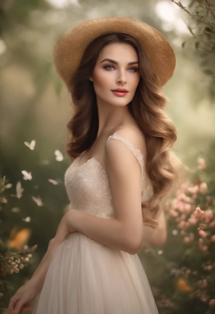 (best quality,4k,8k,highres,masterpiece:1.2),ultra-detailed,(realistic,photorealistic,photo-realistic:1.37),beautiful, sweet, woman, [long brown hair], [long black hair], stunning, captivating, [sparkling eyes], [rosy cheeks], [soft smile], [delicate features], [elegantly dressed], [graceful posture], [charming personality], [ethereal beauty], [Luminous complexion], [effortless elegance], [natural beauty], [radiant aura], [serene expression], [gentle presence], [feminine grace], [subtle elegance], [beautifully styled hair], [perfectly manicured nails], [tasteful accessories], [elegant evening gown], [delicate gold jewelry], [impeccable makeup], [flawless complexion], [timeless beauty], [captivating charm], [graceful movements], [confident demeanor], [warm and inviting presence], [charismatic personality], [enchanted atmosphere], [dreamlike setting], [soft and warm lighting], [whimsical background], [fragrant flowers], [butterflies fluttering], [ethereal glow].
medium: [oil painting], [romantic illustration], [fine art photography].
art style: portraits, fantasy, elegance.