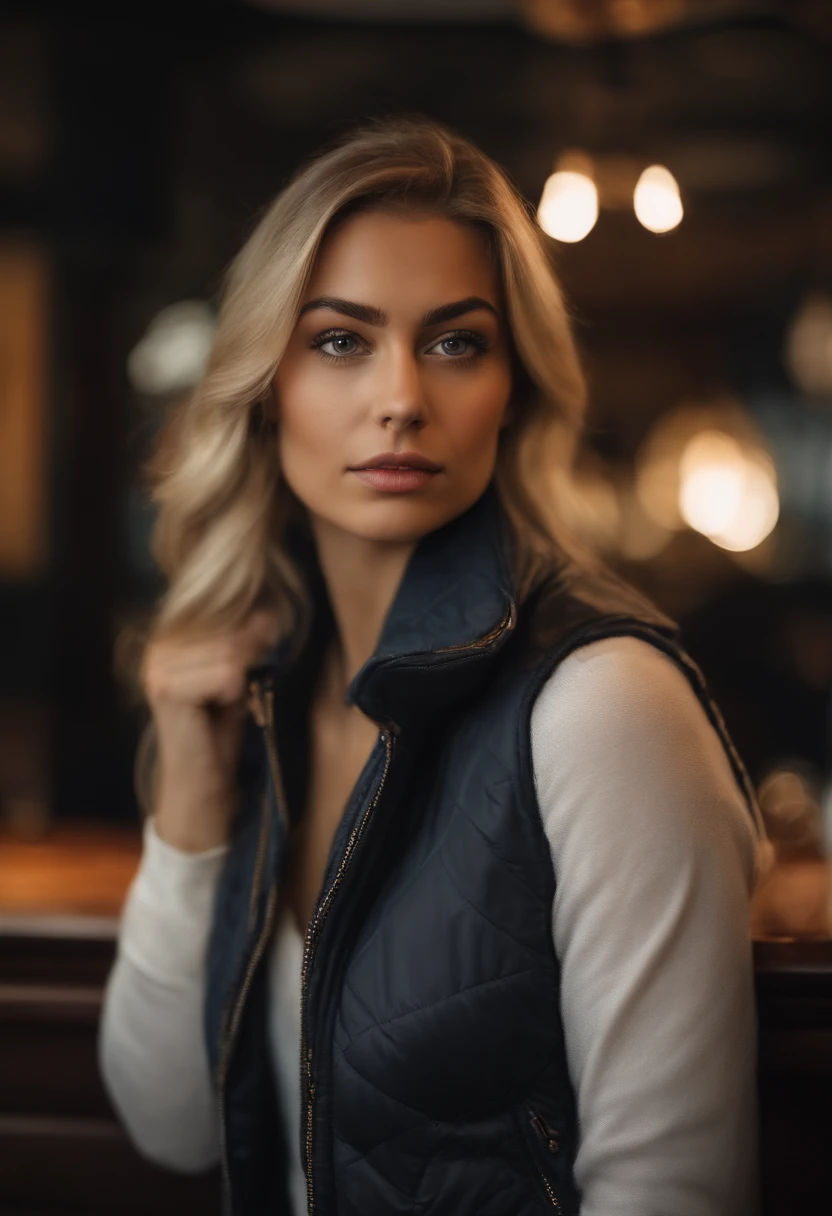 photograph taken in a mirror with the iPhone, without blurring the background, entire body, realistic naturel Arafed woman with cropped puffer vest with pockets, fille aux yeux bleus, clear photo, femme blonde, with a little acne, A very pretty 19-year-old girl,photography in a bar with a cocktail, with public , Violet Myers, sans maquillage, looking straight at camera, Visage avec Artgram, Superbe photo du corps entier,clear photo