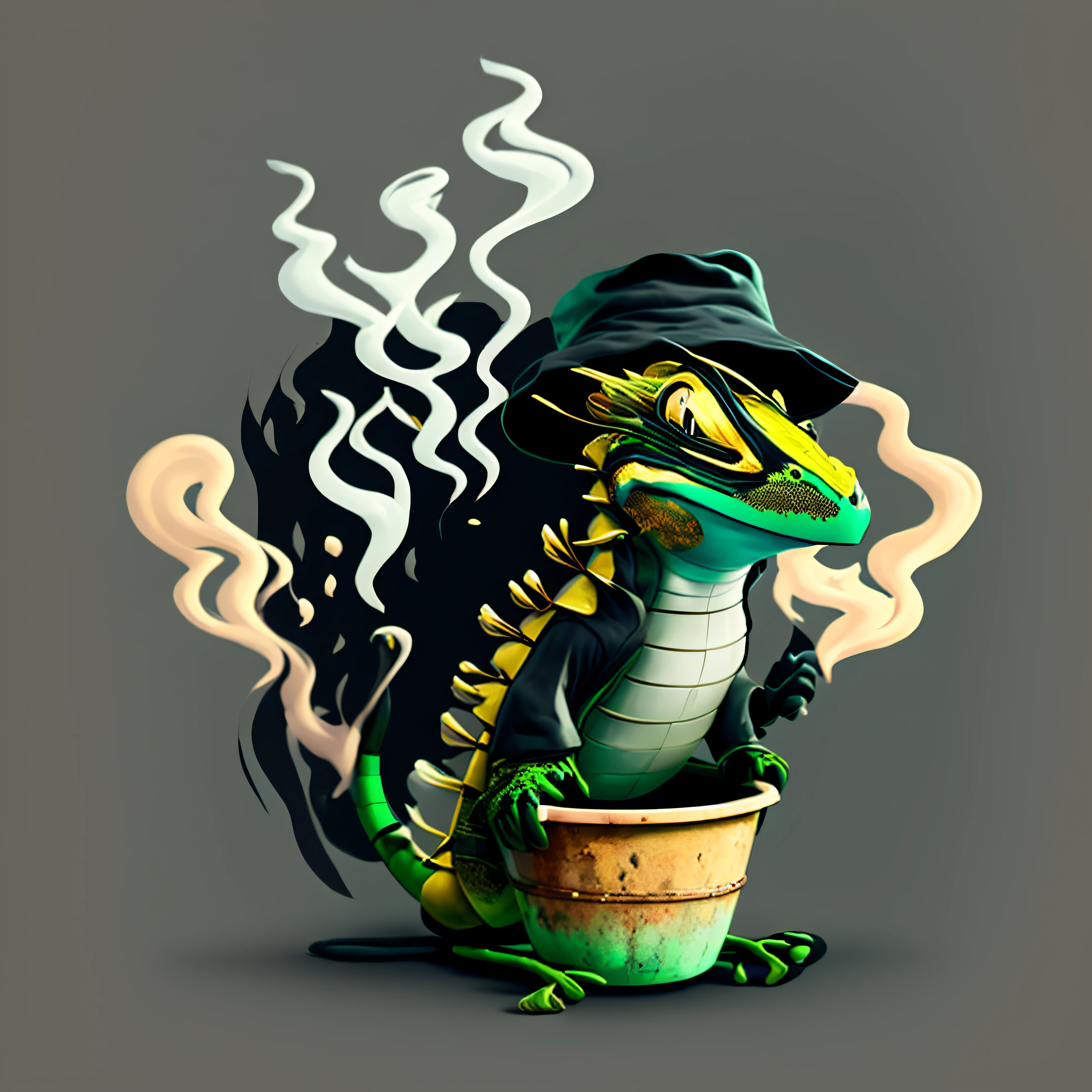 image of smoking gecko, wearing loose black clothes, with a bucket hat