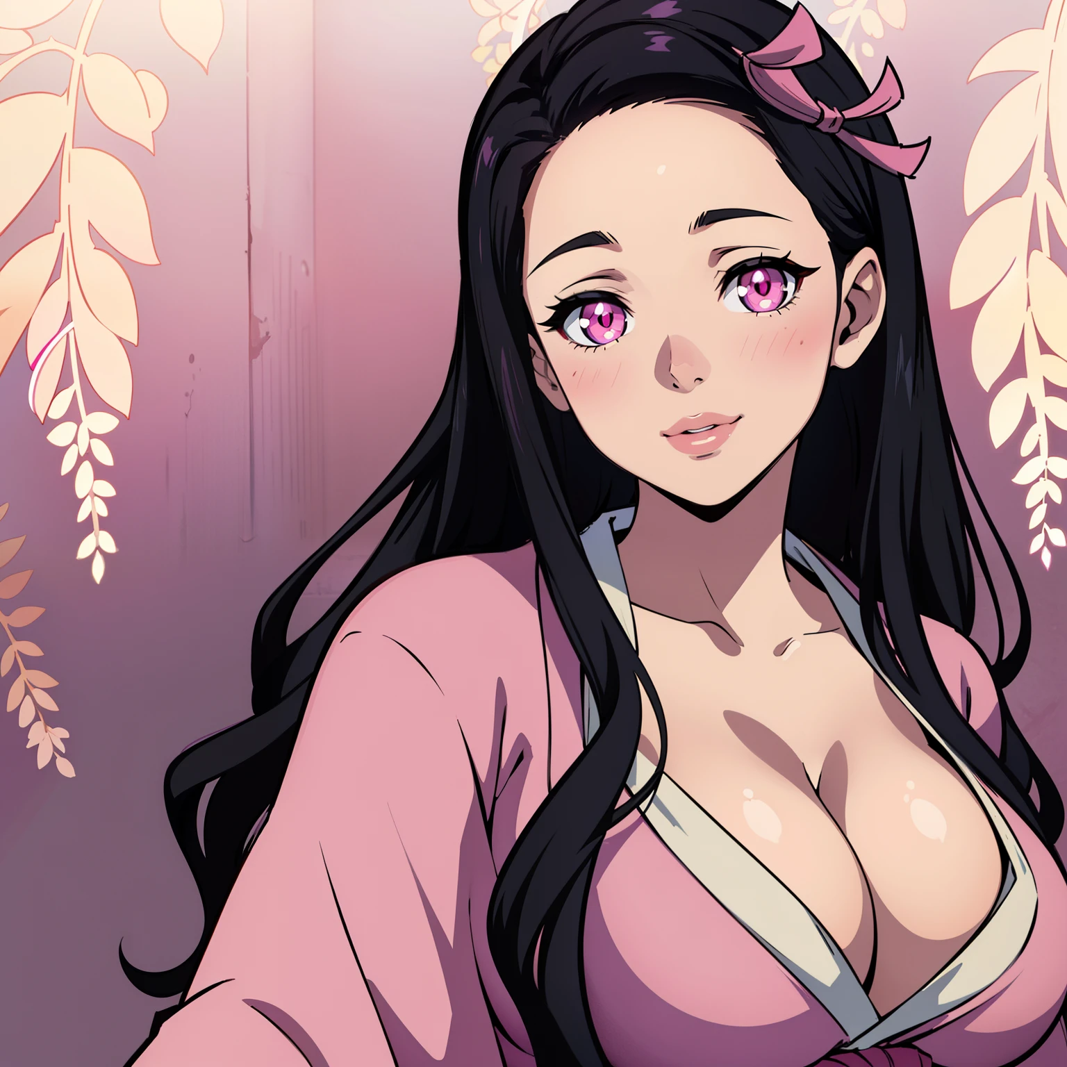Masterpiece, (Pink kimono), Seductive face, Large breasts with cleavage,ssmile,sportrait,Good lighting, Masterpiece, Glowing eyes, 1girll, Black hair, on the face, Nezuko Kamado, Wisteria background, Best quality,