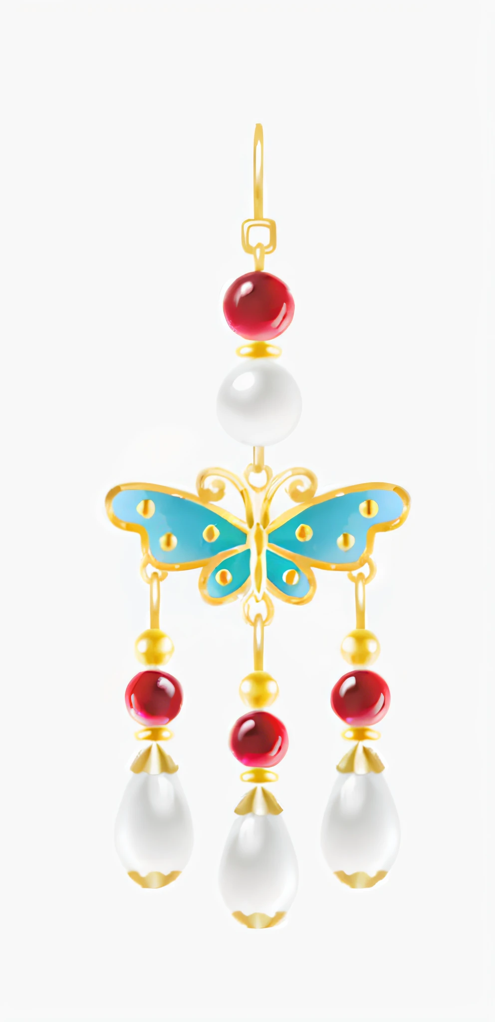 A close-up of a pair of earrings encrusted with pearls and butterflies, butterfly jewelry, earring design, a jewellery design, sapphire butterfly jewellery, tang mo, inspired by Park Hua, embedded with gemstones, pendant, Red turquoise accent, Chinese style, Chinese, Fanart, earring, van cleef & arpels style, Oriental fantasy, nezha, chinese empress