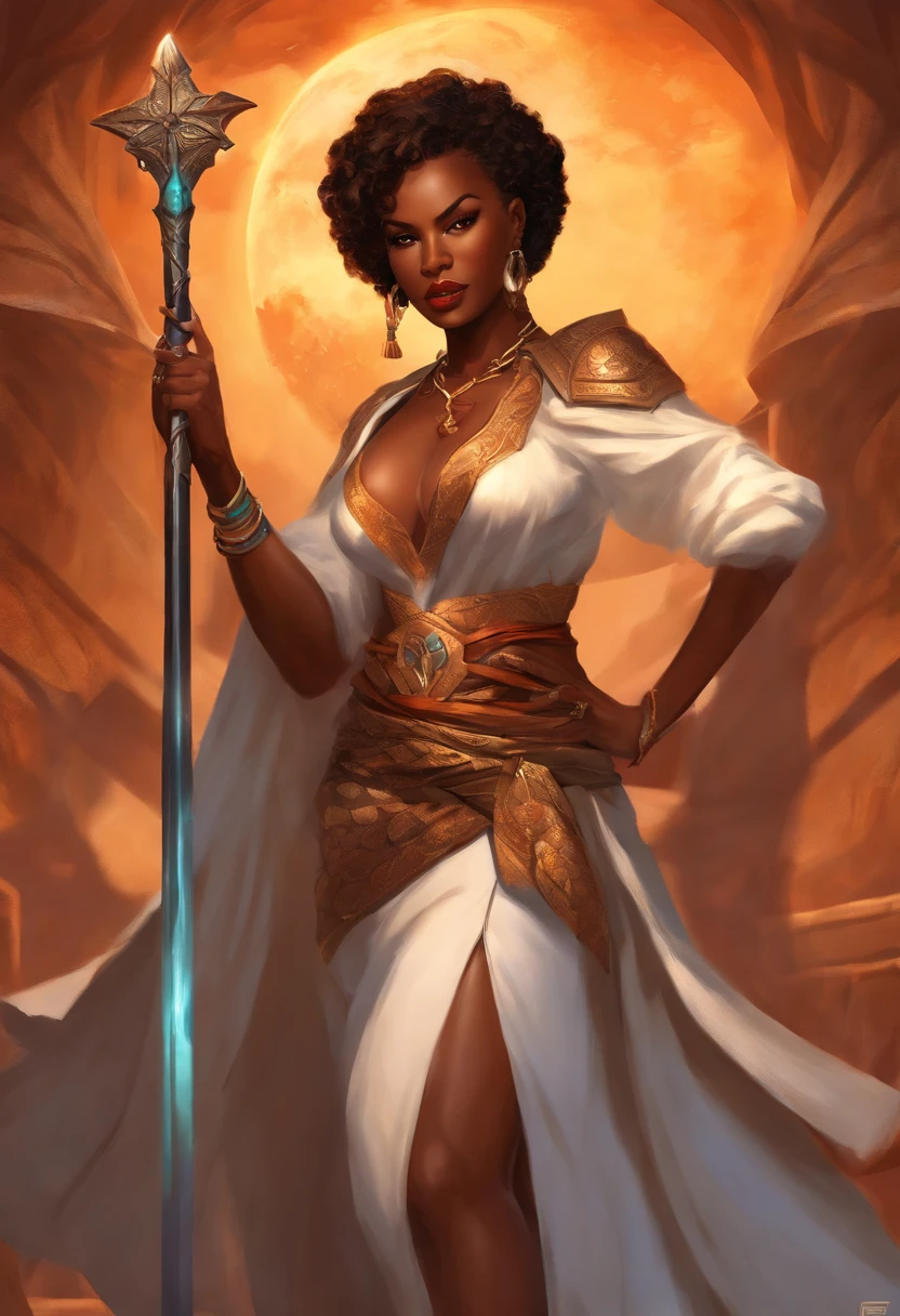 african american woman, dynamic pose, sexy, styalized anime art, mature anime art style, set in dragons dogma universe, is a mage, holding her staff.