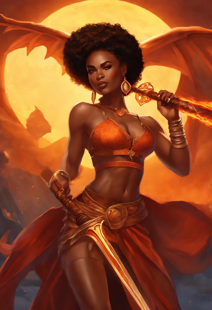 african american woman, dynamic pose, sexy, styalized anime art, mature anime art style, set in dragons dogma universe, is a mage, holding her staff.