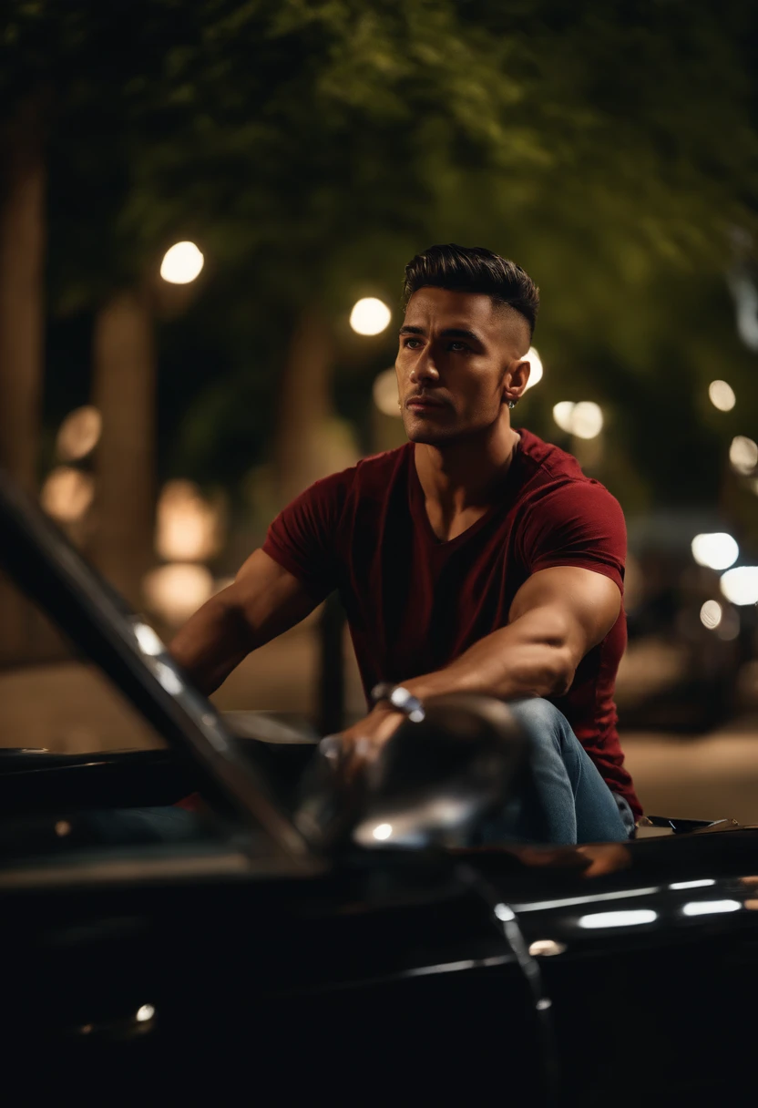 Top quality, masterpiece, ultra high definition, (Real: 1.4), Original photo, (Evening Street), 1 man, black eyes, looking at the audience, anime like hair, sitting in Ferrari, muscular, neat, park