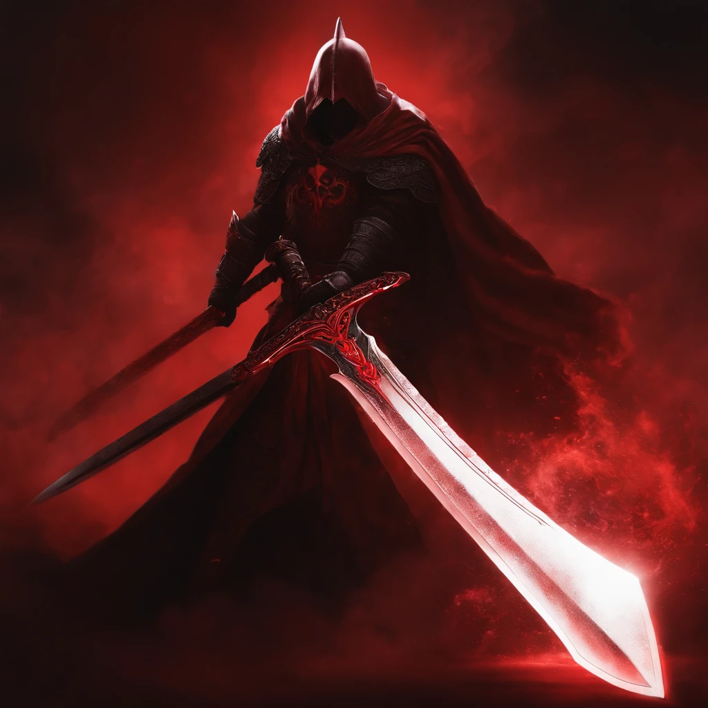 A red greatsword made with blood. The design is dark and made by the devil. The background is black. Around the sword, has a red aura. It has a red aura around it. BLACK BACKGROUND.