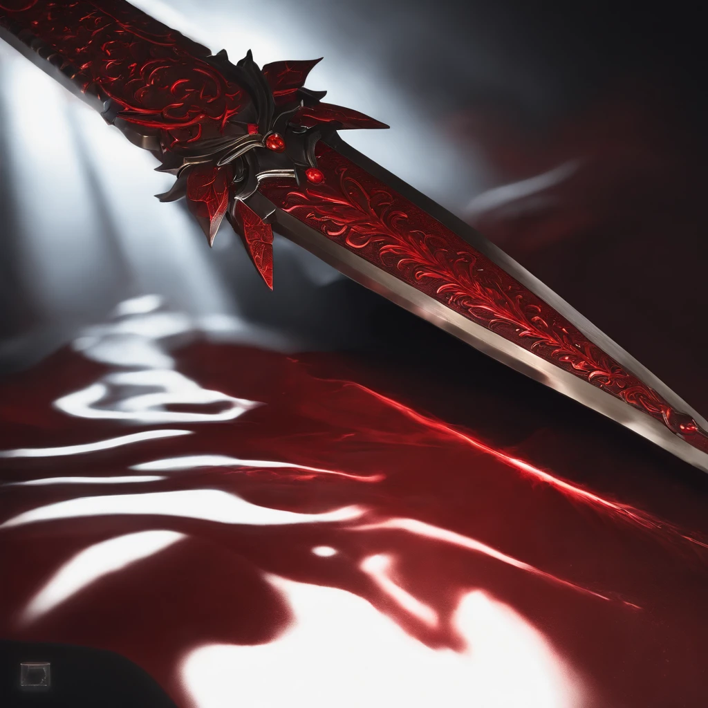 A red greatsword made with blood. The design is dark and made by the devil. The background is black. Around the sword, has a red aura. It has a red aura around it. BLACK BACKGROUND.
