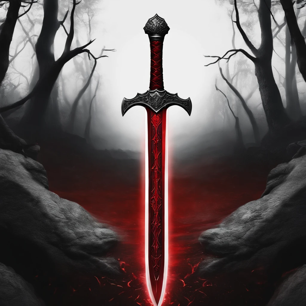 A red greatsword made with blood. The design is dark and made by the devil. The background is black. Around the sword, has a red aura. It has a red aura around it. BLACK BACKGROUND.