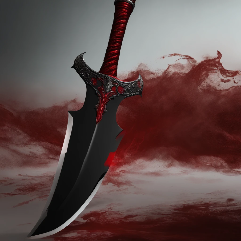 A red greatsword made with blood. The design is dark and made by the devil. The background is black. Around the sword, has a red aura. It has a red aura around it. BLACK BACKGROUND.