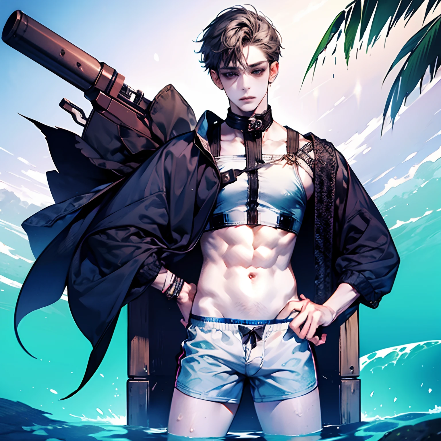 Boy with butt injury,Spanking,Ultra-detailed graphics,full bodyesbian,Ass wear,fully body photo,hand on ass,male people,short detailed hair,high-quality picture,bareness,swim trunks,Bare ass,Wounds in the butt