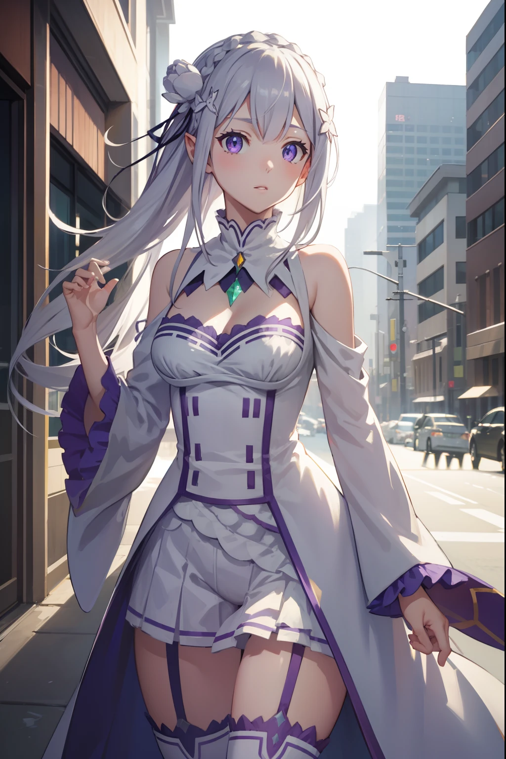 rezeroemilia, emilia, braid, crown braid, flower, hair flower, hair ornament, hair ribbon, long hair, pointy ears, (purple eyes:1.2), white hair, x hair ornament,
BREAK white bunny suit, sexy, skin tight, medium breasts, cleavage, bunny ears, fishnets, garter straps, zettai ryouiki,
BREAK outdoors, city,
BREAK looking at viewer, cowboy shot, full body, BREAK (masterpiece:1.2), best quality, high resolution, unity 8k wallpaper, (illustration:0.8), (beautiful detailed eyes:1.6), extremely detailed face, perfect lighting, extremely detailed CG, (perfect hands, perfect anatomy),