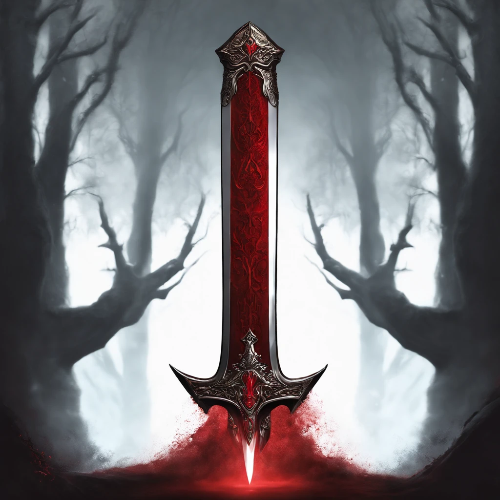 A red greatsword made with blood. The design is dark and made by the devil. The background is black. Around the sword, has a red aura. It has a red aura around it. It has a red smoke around it.