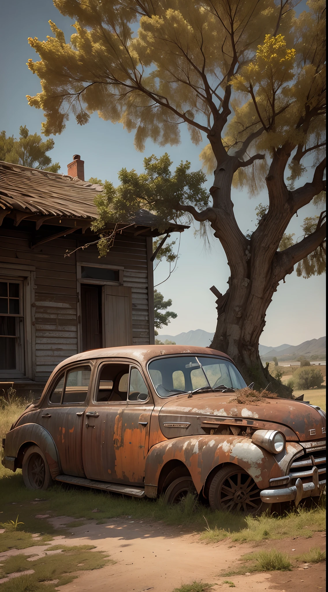 old house with old rusty car, dry tree