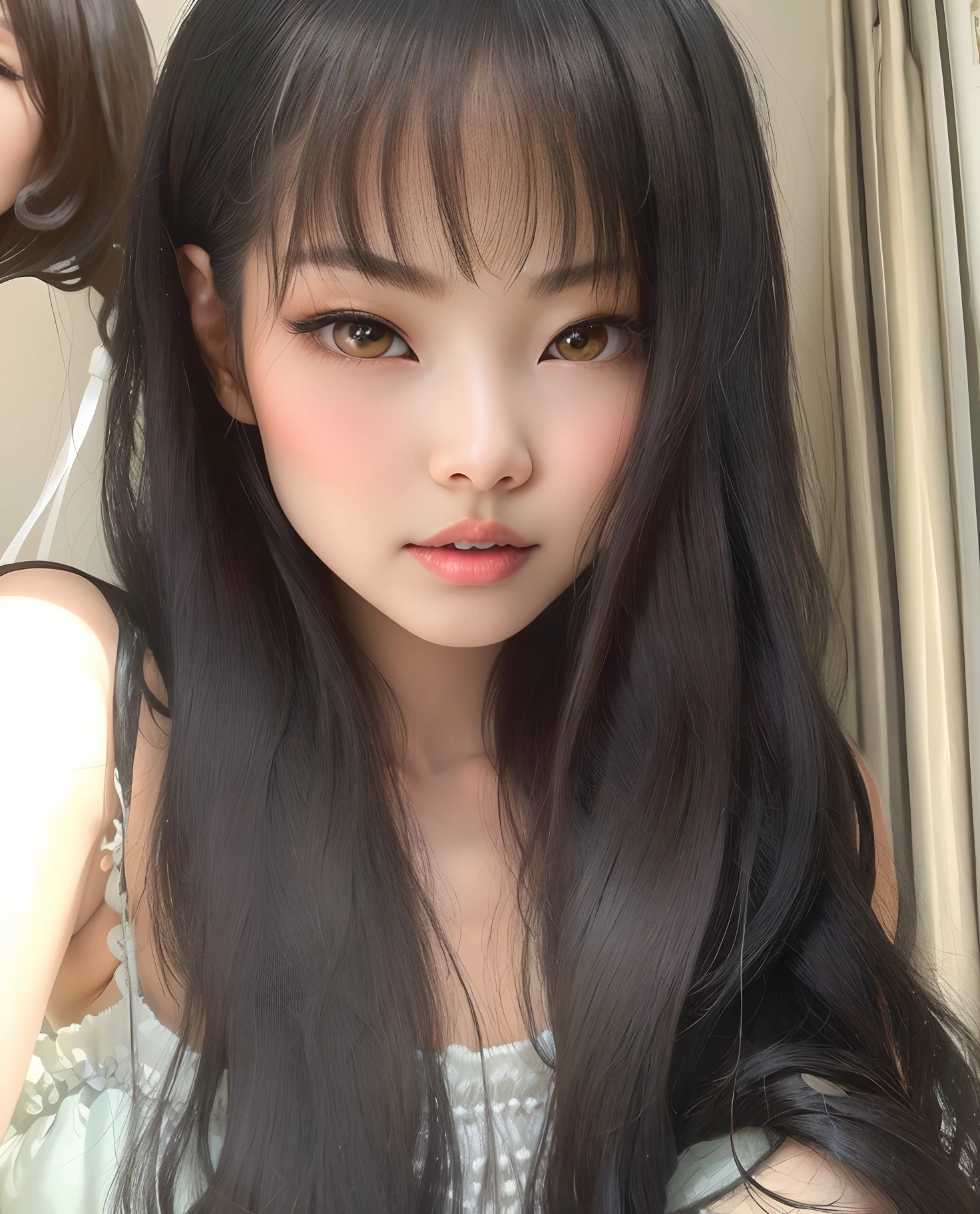 There's a woman with long black hair and a doll behind her, Ela tem cabelo preto como franja, Ulzzang, preto hime corte cabelo, O corte Hime, Jennie Blackpink, como uma tira completa, como franja, cabelo arrumado como franja, wan adorable korean face, branco hime corte penteado, young cute wan asian face, cabelo comprido como uma tira completa