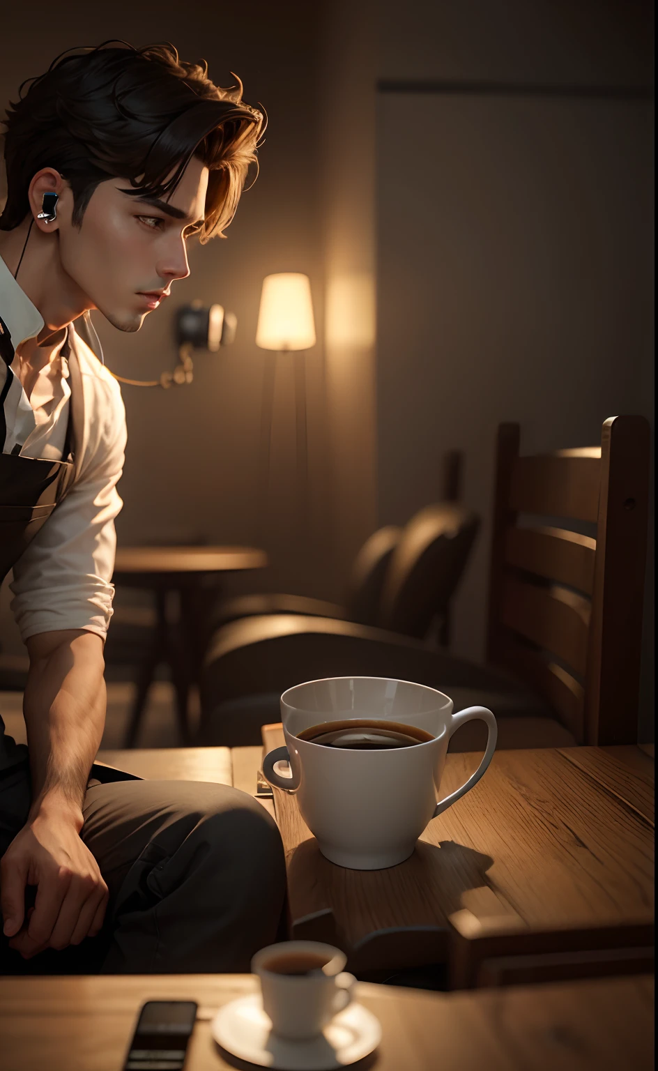 Handsome boy with cate realistic earphone with coffee