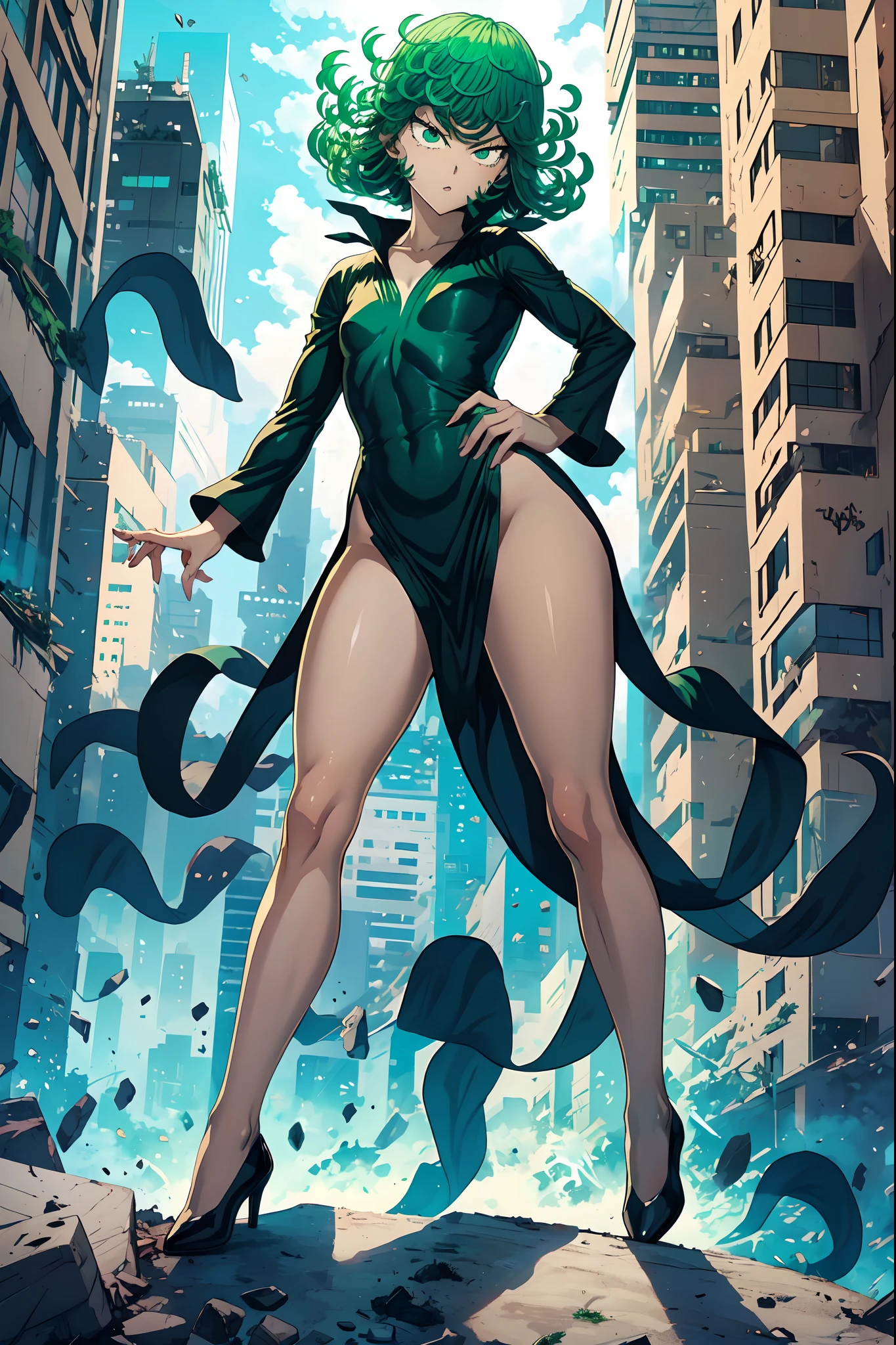 Tatsumaki from one punch man, short green hair, green eyes, Small chest, (wearing fitting V-neck black dress with a long sleeves and four high-cut leg slits), joyful expression, standing in a destroyed city, dynamic pose, dynamic view,