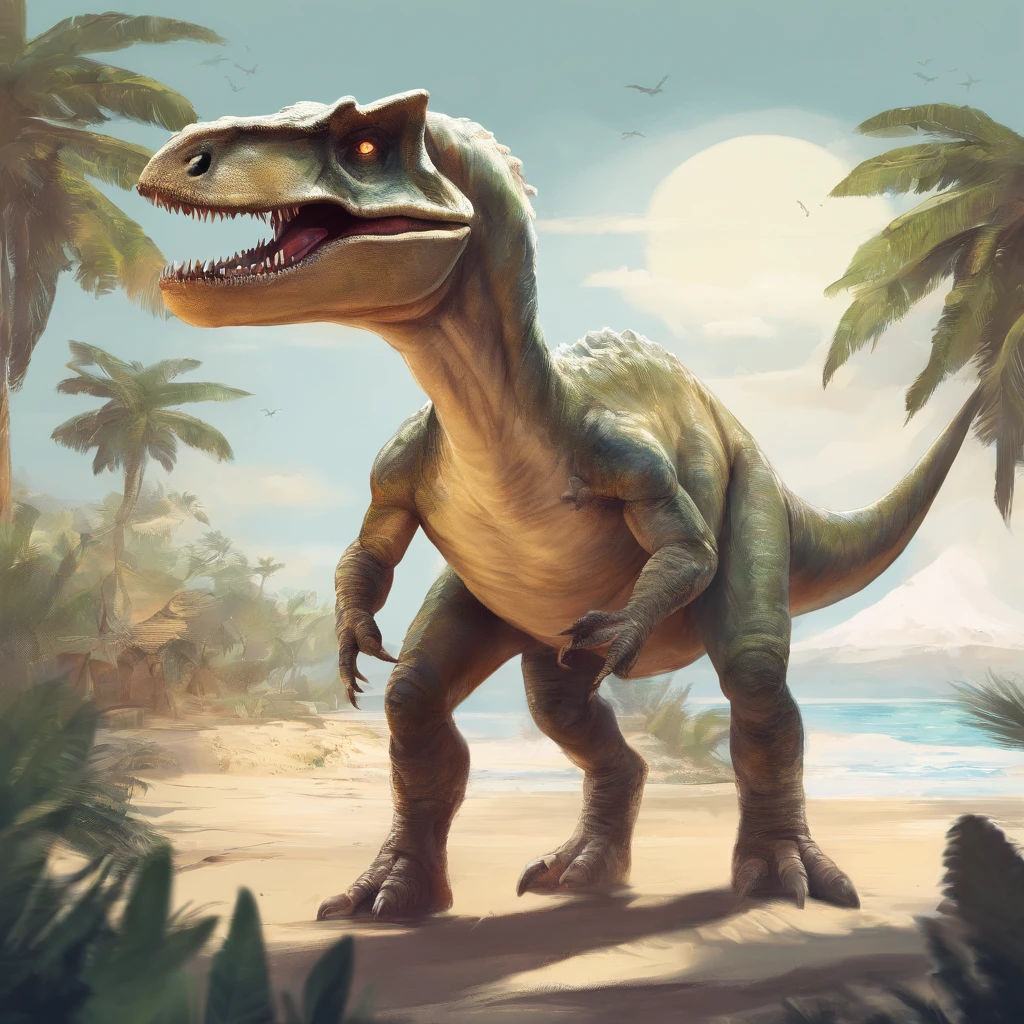 4k realistic profile picture of a Maromba dinosaur wearing a white tank top and a Juliet glasses with a beach background