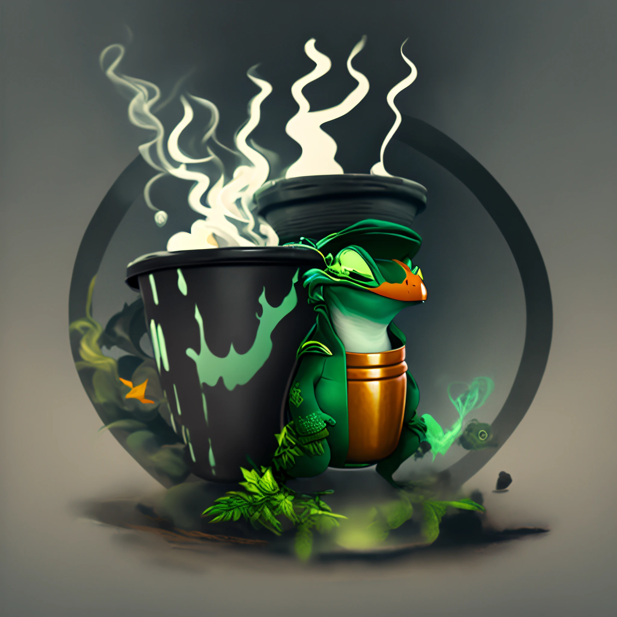 image of smoking gecko, wearing loose black clothes, with a bucket hat