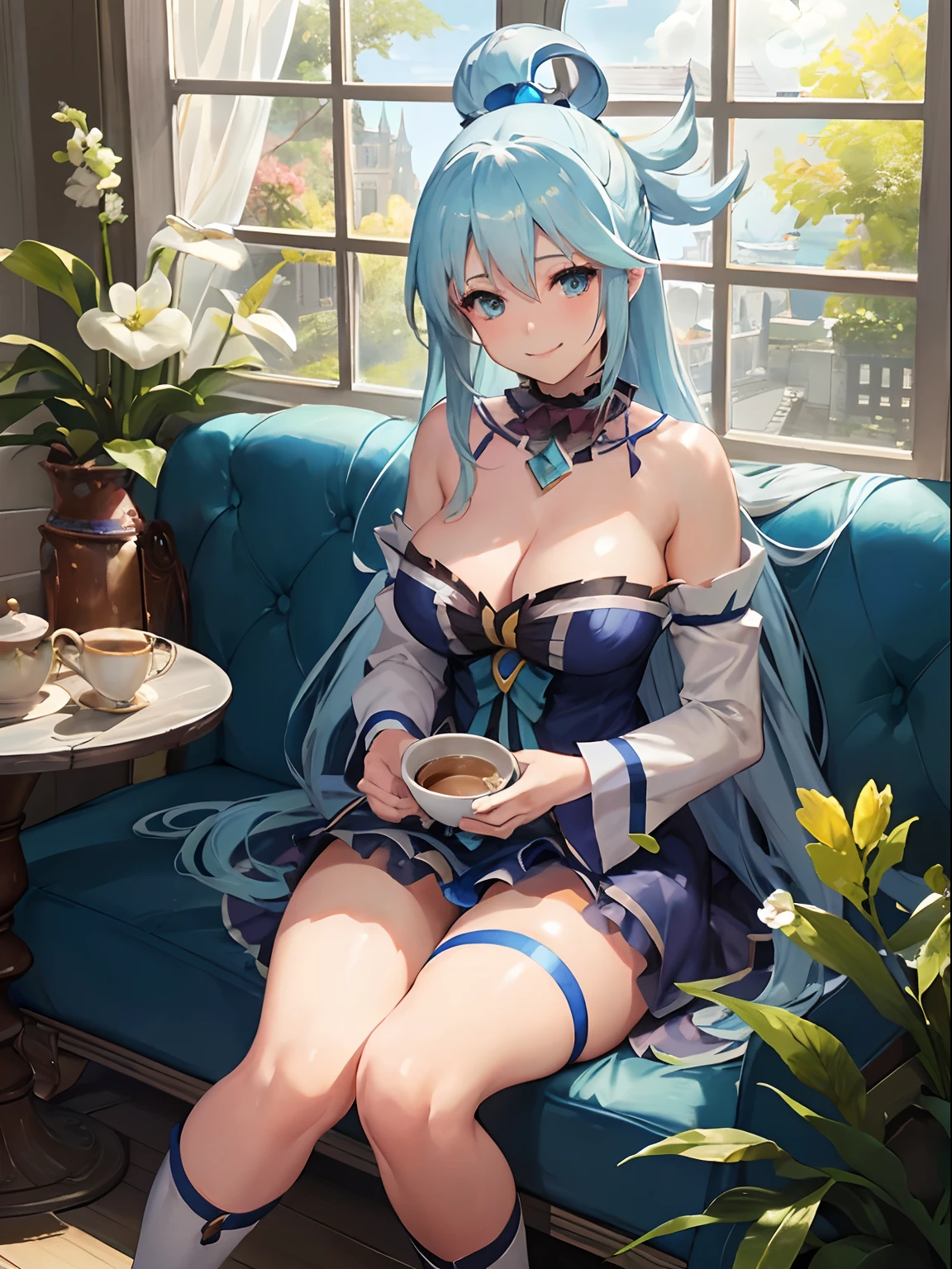 Aqua , konosuba, hair flower, blue dress, grey eyes, light blue hair,large breasts, sexy,nsfw,
, 1 girl,seductive smile,(1 girl in the photo:1.5),(alone:1.5),(long blue hair:1.1), beautiful blue eyes, (european style long dress:1.1), long sleeves,white legwear,white high heels
, potted planet,flowers, window,door,butterfly,tree,table,chair,sofa,book,tea, coffee,jar,
, dappled sunlight,ray tracing,dynamic angle, dynamic pose, chubby athletic body