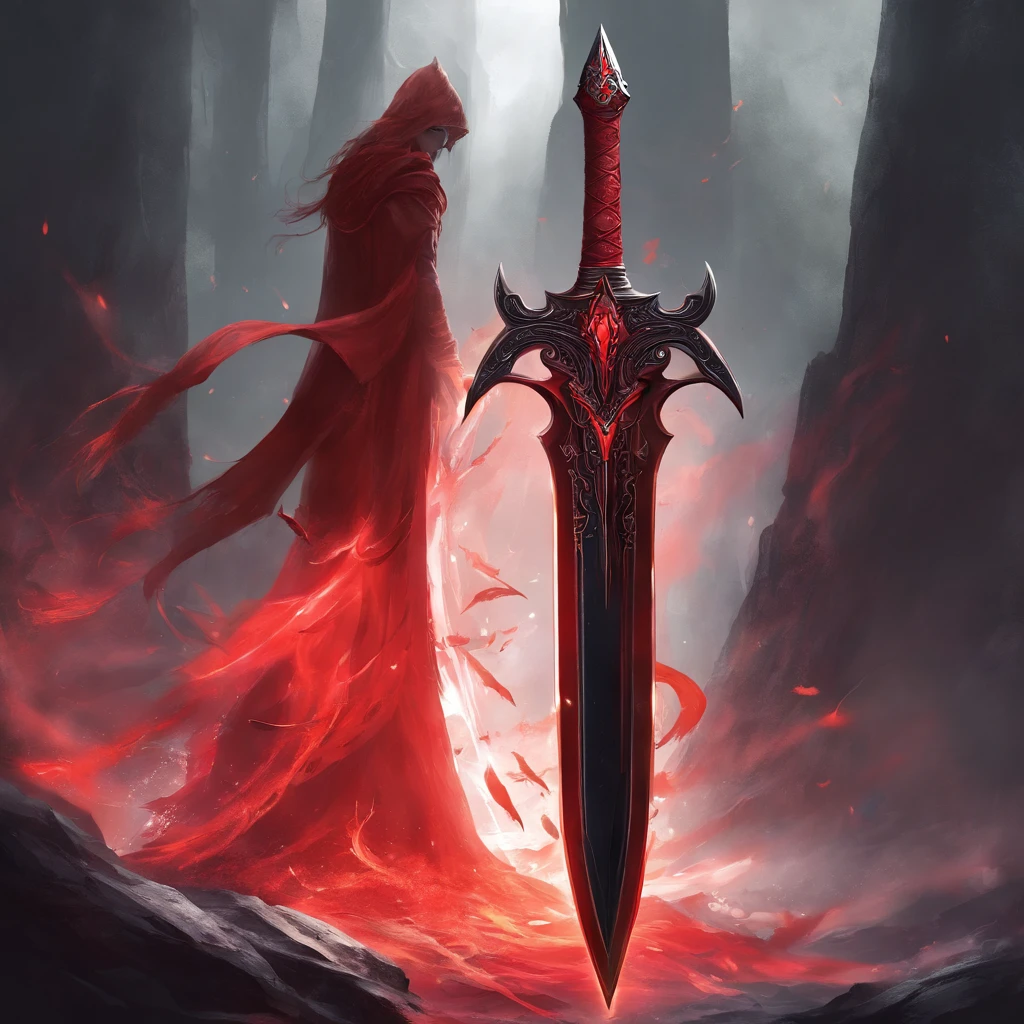 A red greatsword made with blood. The design is dark and made by the devil. The background is black. Around the sword, has a red aura. It has a red aura around it. BLACK BACKGROUND.