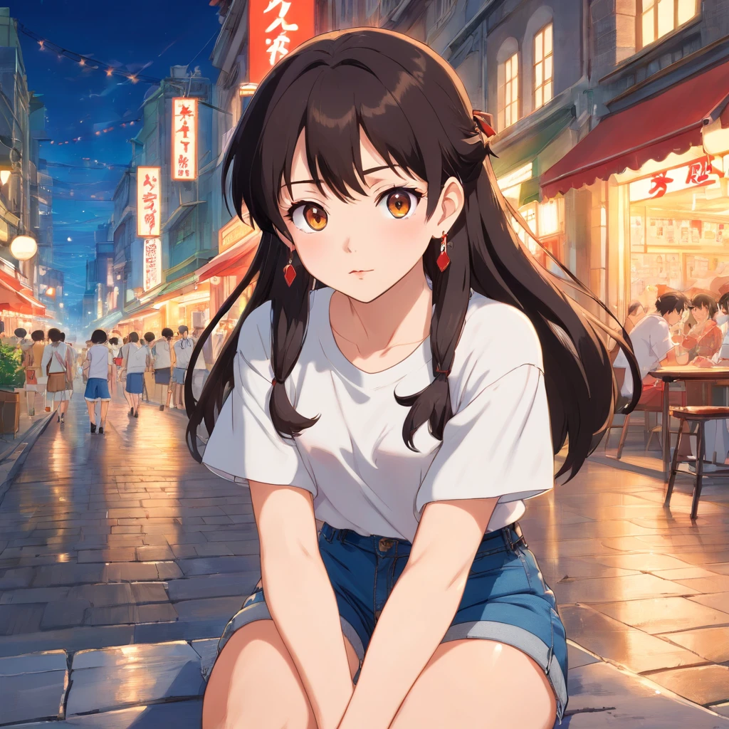 Top quality, masterpiece, ultra high definition, (Real: 1.4), Original photo, (Evening Street), 1 girl, black eyes, looking at the audience, long hair, light makeup, lips, small ears, white t-shirt, denim shorts, earrings, sitting Ferrari,, slim, neat, park