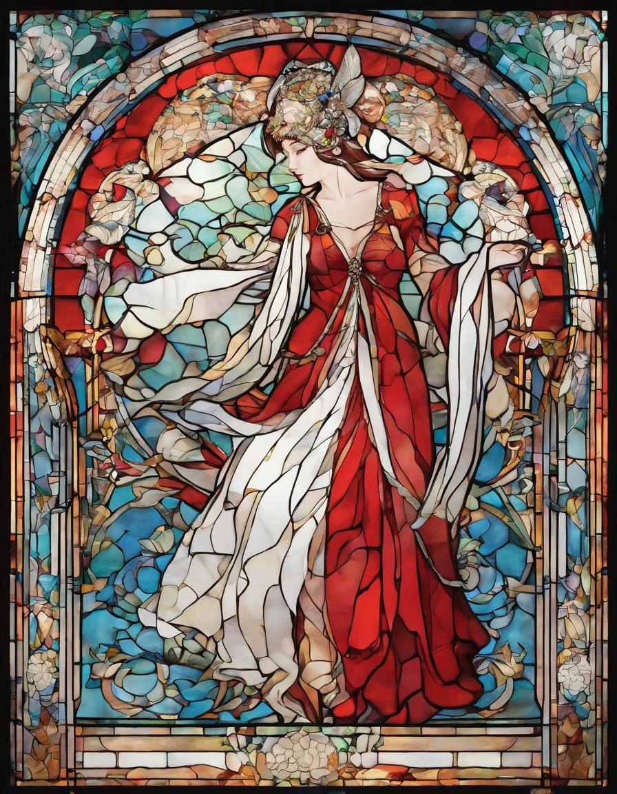 singer in a white half mask, grandes asas de anjo, vestido vermelho longo, innocence