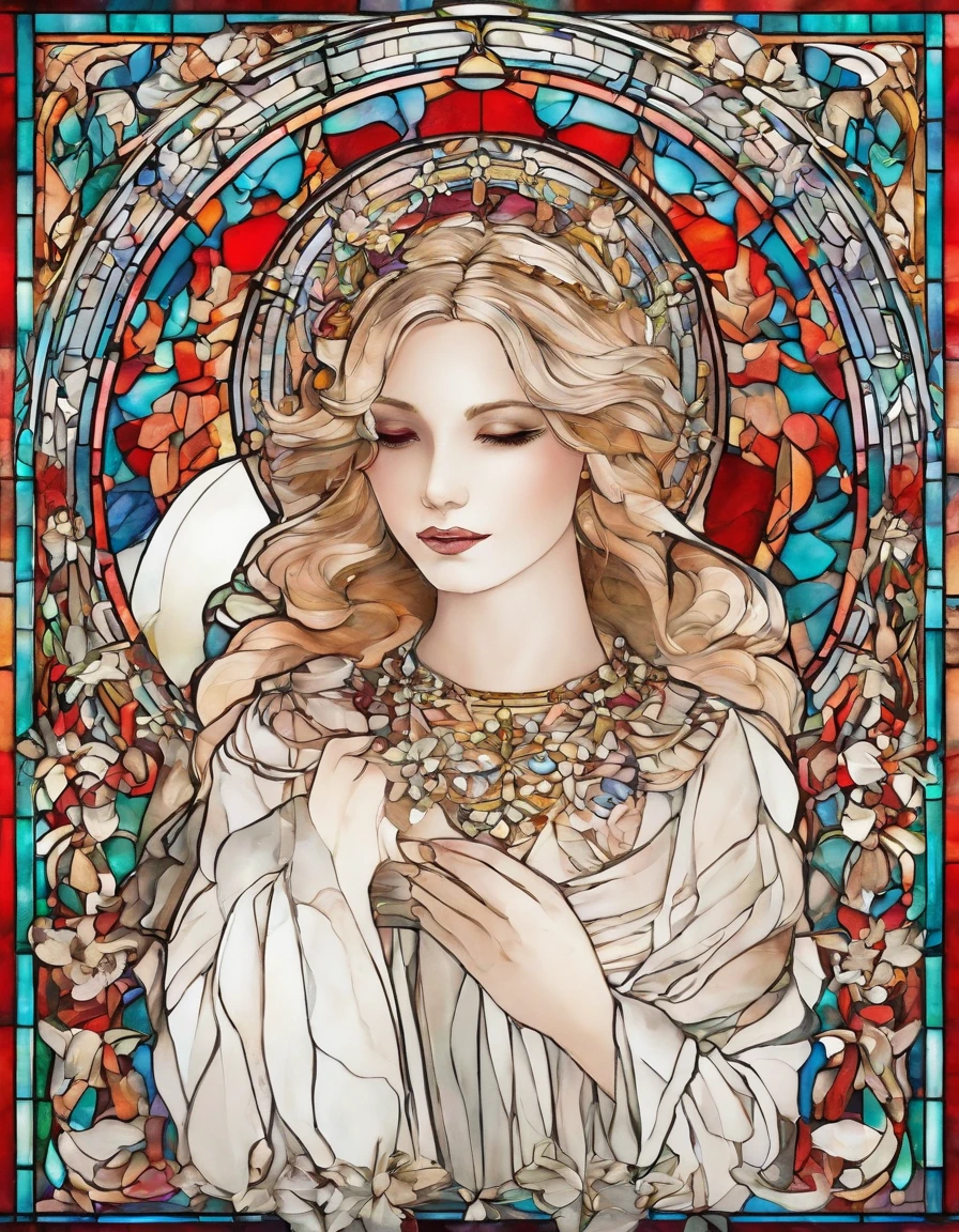 singer in a white half mask, grandes asas de anjo, vestido vermelho longo, innocence