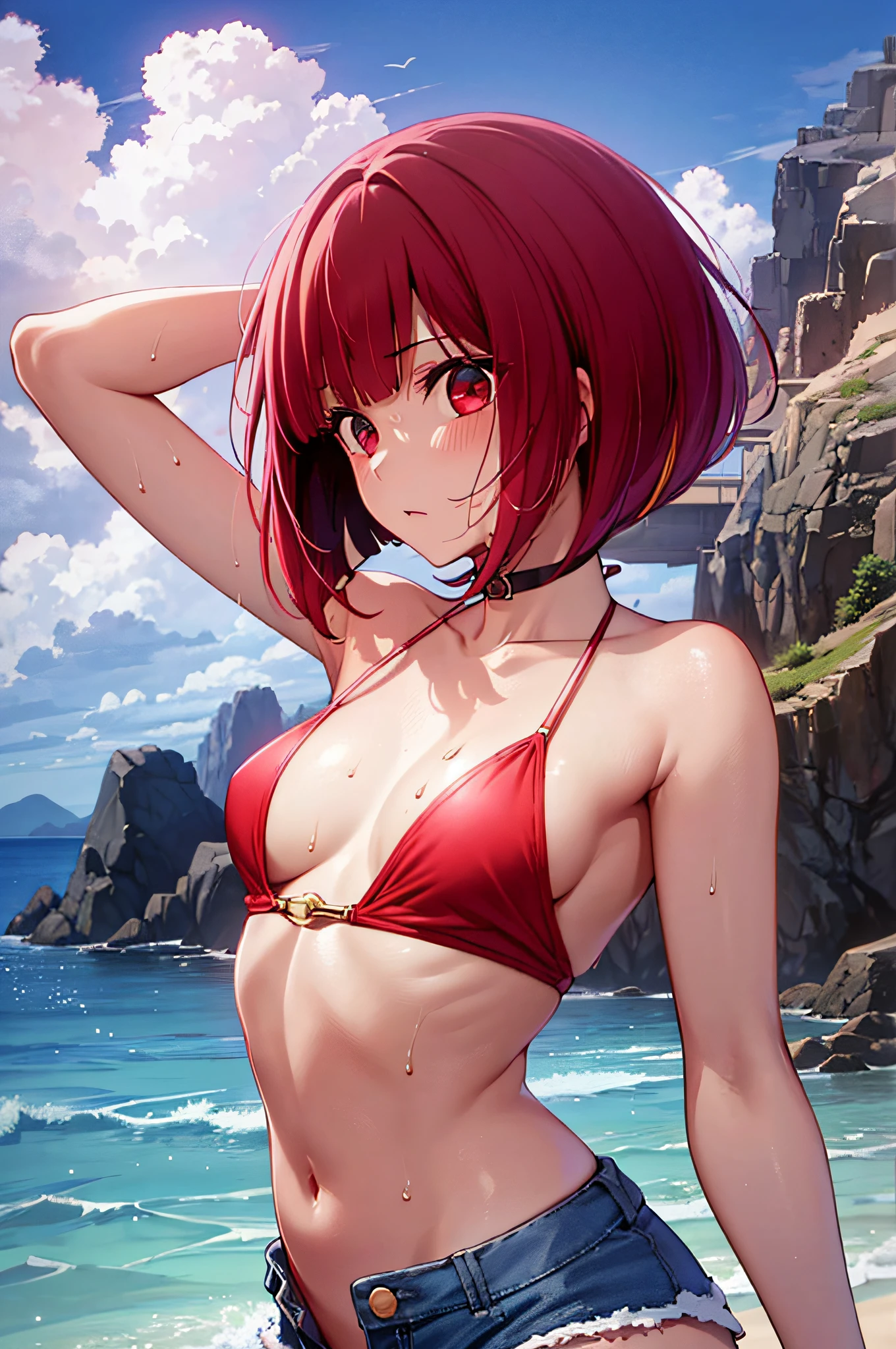 masutepiece, Best Quality, High resolution, Ultra High Resolution, depth of fields,1girl in, Red Eyes, Red hair, ((Bob Hair)), (Shorts Triangle Bikini, Short denim pants), small breasts, naked, exposed skin, wet skin, (sea)