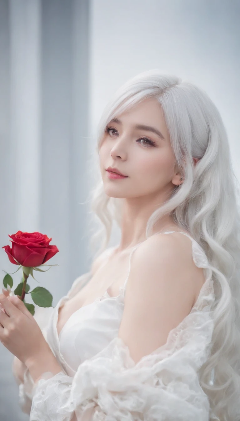 there is a woman with a white dress and a red rose in her hair, anime cosplay, anime girl cosplay, cosplay photo, anime style mixed with fujifilm, cosplay, white haired deity, a beautiful kitsune woman, cosplayer, white cat girl, girl silver hair, nekomimi, anime girl in real life, ayaka cosplay, white hime cut hairstyle