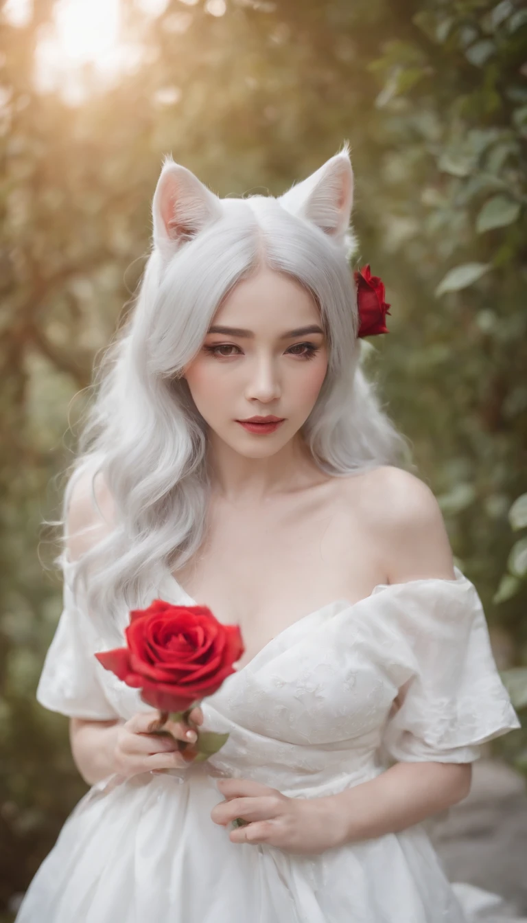 there is a woman with a white dress and a red rose in her hair, anime cosplay, anime girl cosplay, cosplay photo, anime style mixed with fujifilm, cosplay, white haired deity, a beautiful kitsune woman, cosplayer, white cat girl, girl silver hair, nekomimi, anime girl in real life, ayaka cosplay, white hime cut hairstyle