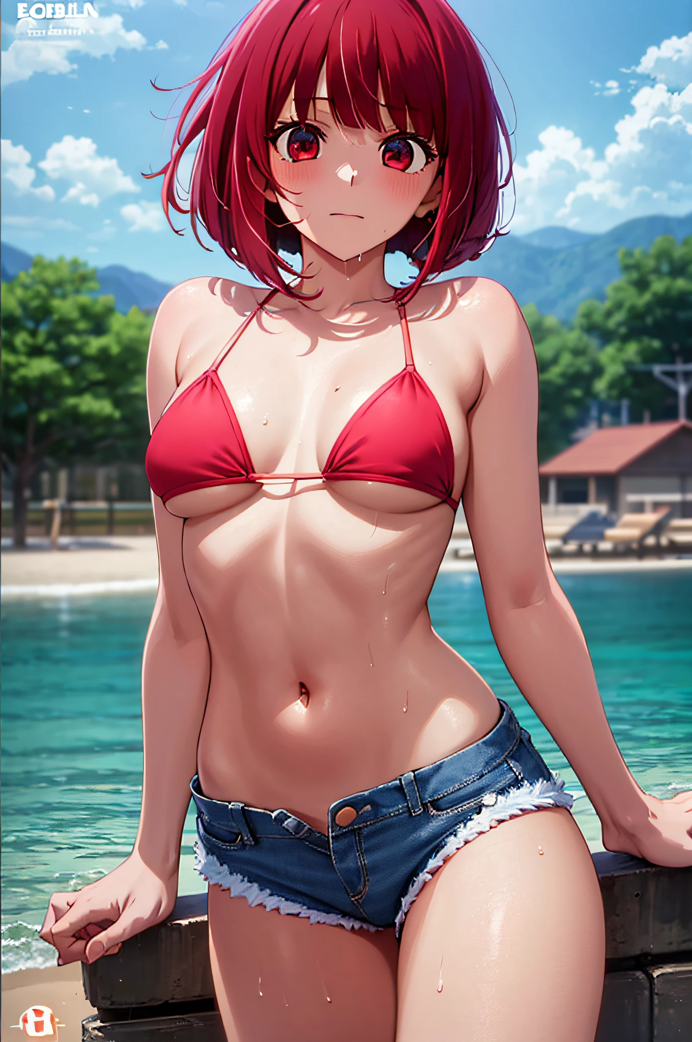 masutepiece, Best Quality, High resolution, Ultra High Resolution, depth of fields,1girl in, Red Eyes, Red hair, ((Bob Hair)), Shorts Triangle Bikini, (Short denim pants), small breasts, naked, exposed skin, wet skin, (sea)