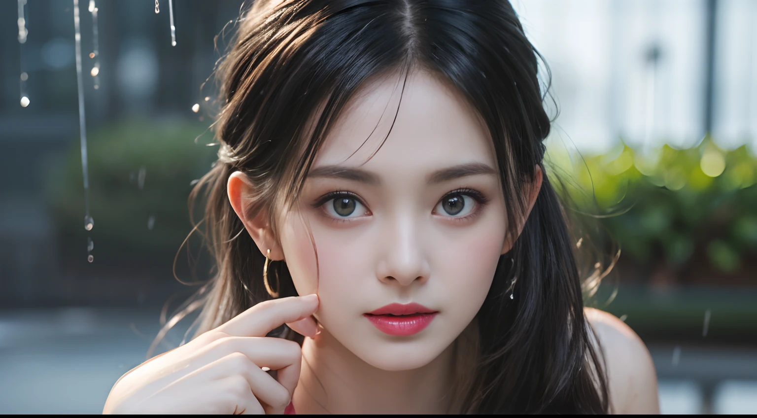 (Best quality, 8k, Masterpiece :1.3), pretty woman, 1girl, (breasts, attractive body :1.2), abs :1.1, dark brown hair: 1.1, (rainy wet, wet from rain, wet body :1.2), ultra-detailed face, detailed lips, detailed eyes, double eyelid
