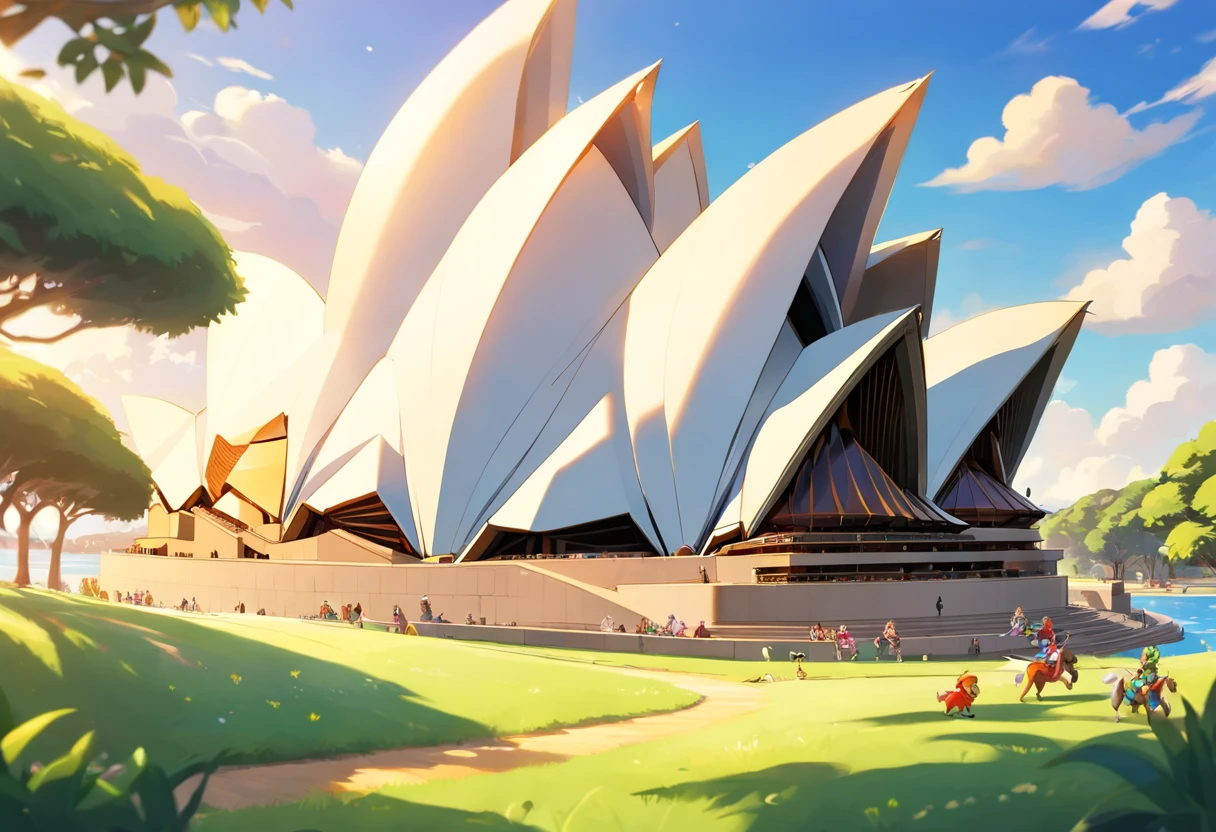 Sydney Opera House from park view. Australian king parrot is flying. Grass Tree are around