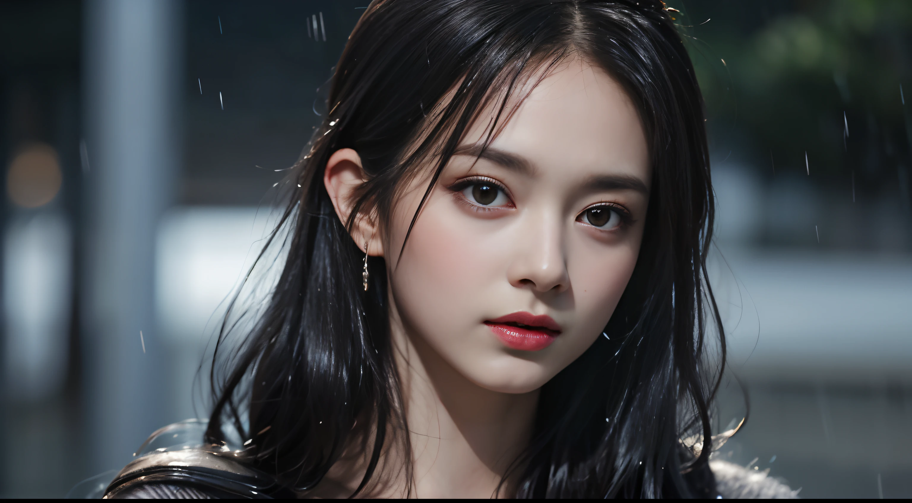 (Best quality, 4k, Masterpiece :1.3), pretty woman, 1girl, (breasts, attractive body :1.2), abs :1.1, dark brown hair: 1.1, (rainy wet, wet from rain, wet body :1.2), ultra-detailed face, detailed lips, detailed eyes, double eyelid