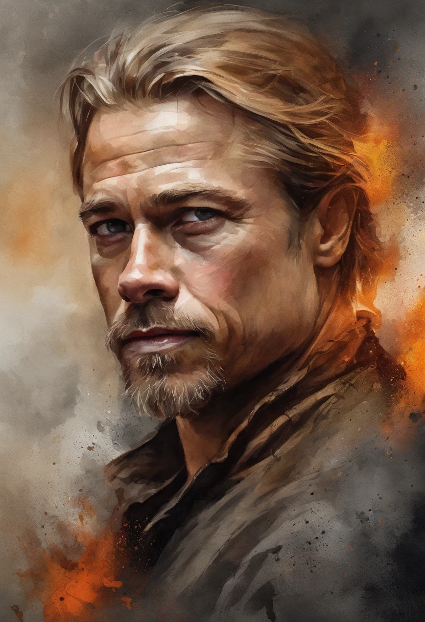 t-shirt design, 2D illustration, centered art, roaring flames in the background, face of Brad Pitt Boban Marjanovic Blonde Hair de Game of Thrones, gothic colors, mood of tension and terror, Adobe Illustration, Trending on Artstation, 8K, hd, masterpiece, gorgeous art, intricate details , -