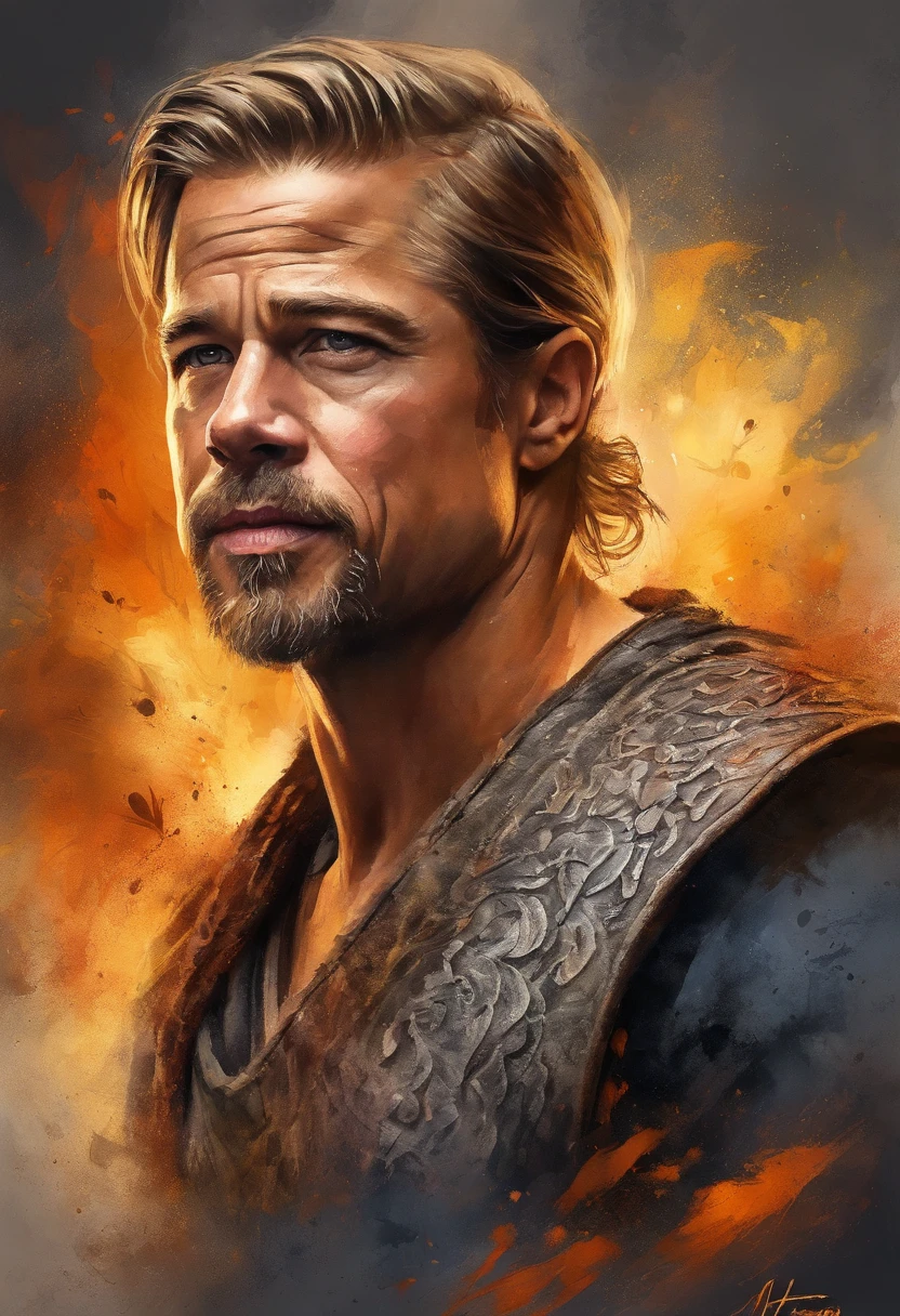 t-shirt design, 2D illustration, centered art, roaring flames in the background, face of Brad Pitt Sandor Clegane Blonde Hair de Game of Thrones, gothic colors, mood of tension and terror, half of face is burnt like Harvey Dent, face covered in scars, Adobe Illustration, Trending on Artstation, 8K, hd, masterpiece, gorgeous art, intricate details , -