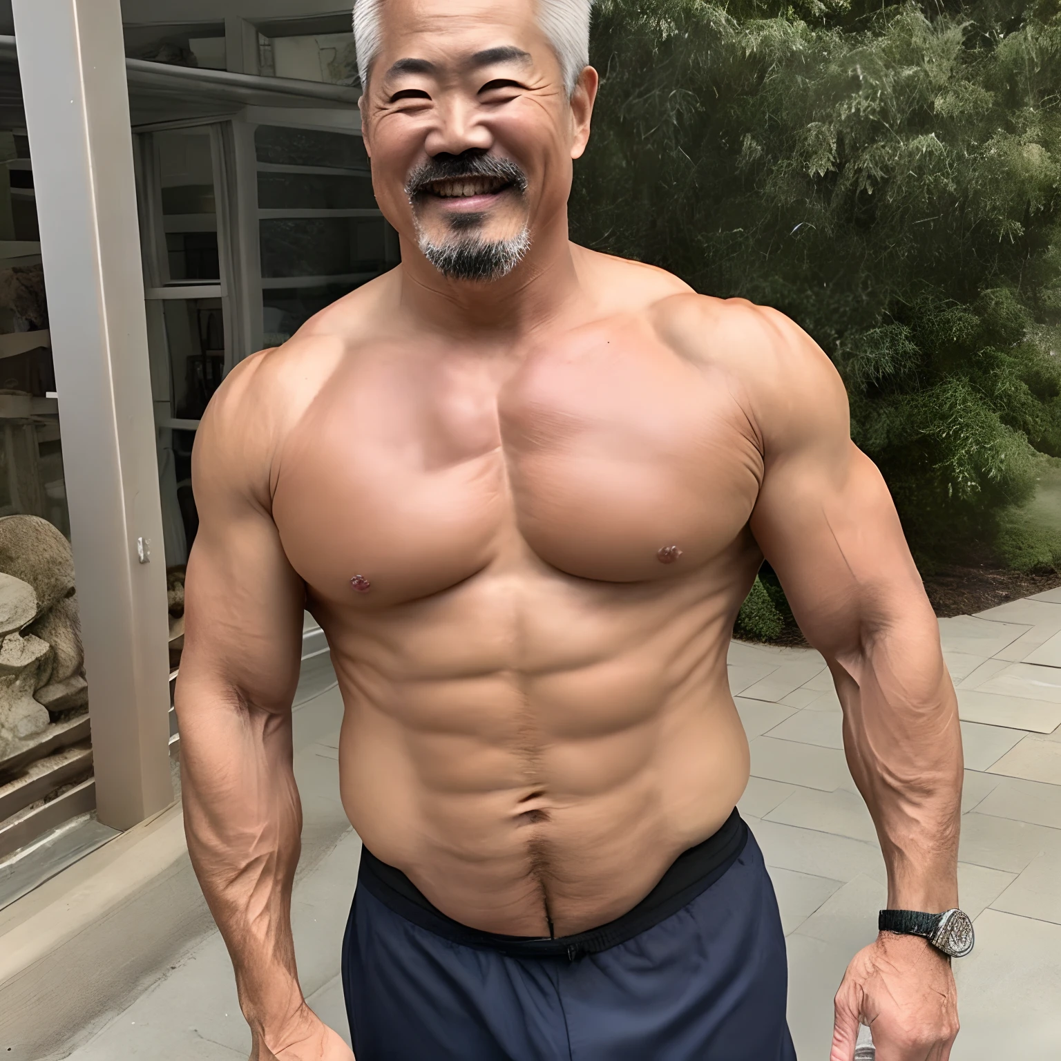 Mature Japanese man with gray hair, goatee and extremely defined and handsome physique shirtless:
This mature Japanese man possesses an impressive athletic build. Seu cabelo grisalho, carefully combed back, Adds a natural distinction to your look. His eyes are expressive, Revealing a Blend of Wisdom and Determination.
His neatly trimmed goatee accentuates his masculine features, and your skin looks smooth and healthy. Your chest and abdomen are incredibly toned, Exhibiting Remarkable Muscle Definition, with veins discreetly visible under the skin. The muscles of your arms and shoulders are sculpted, evidencing years of dedication to fitness.
This man's posture is confident, with a serene expression that reflects your self-confidence. The combination of your maturity, Charm and impeccable physique makes him an impressive and captivating figure.