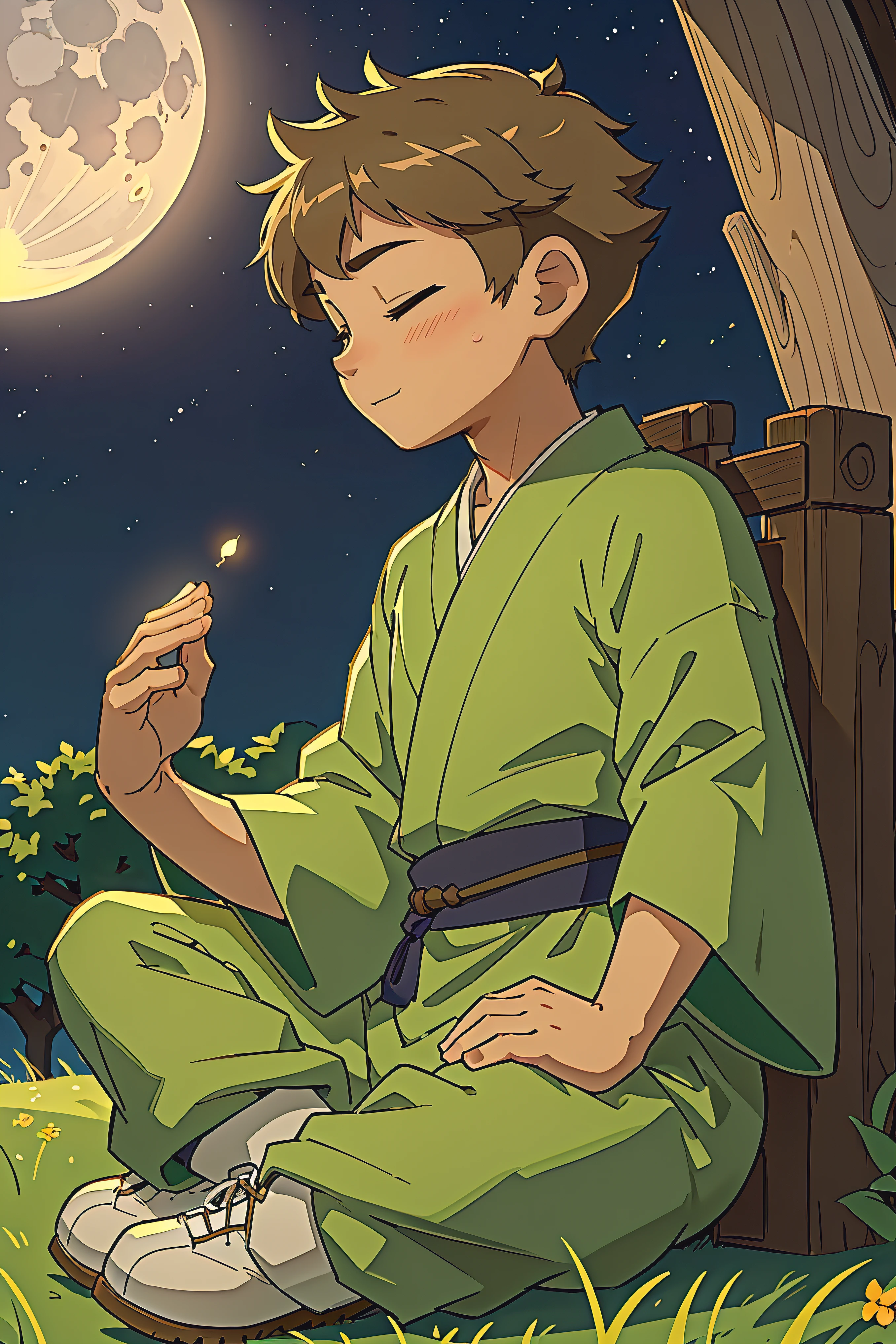 (Ultra Mega Resolution: 1.5), (Ultra Mega Highres, (Ultra consistency: 1.5) Name:{Din Takanashi :126453}, (A Boy of : {14  Consistency in generation: 1.5), Consistent: {100%}, Character sheet, Top outfit: {Green Kimono with green details: 1.5}, Bottom outfit: {Kimono pants: 1.5}, Hair: {Light brown {100% consistent} - Hairstyle: {Short short cut}, Skin color: {White: 1.5}, Shoes: {White training boots: 1.5}, Eyes: {Light brown: 1.5}. Expression: {Eyes closed}, Position: {Sitting meditating}, Angle: {Front view and side view and back view}, Location: An open field, the moon above shines its light on Din, Din is very animated meditating.