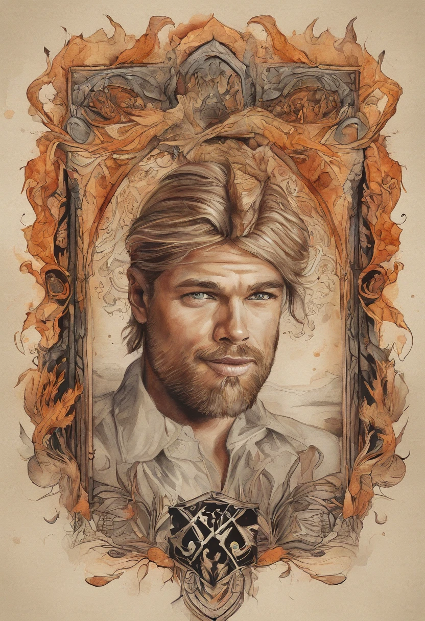 t-shirt design, 2D illustration, centered art, roaring flames in the background, face of Brad Pitt Boban Marjanovic Blonde Hair de Game of Thrones, gothic colors, mood of tension and terror, half of face is burnt like Harvey Dent, face covered in scars, Adobe Illustration, Trending on Artstation, 8K, hd, masterpiece, gorgeous art, intricate details , -