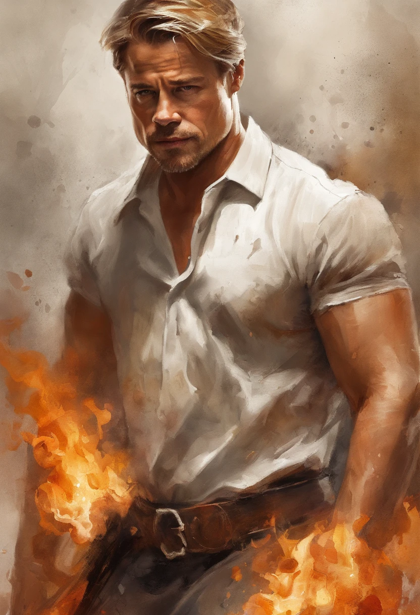 t-shirt design, 2D illustration, centered art, roaring flames in the background, face of Brad Pitt Boban Marjanovic Blonde Hair de Game of Thrones, gothic colors, mood of tension and terror, half of face is burnt like Harvey Dent, face covered in scars, Adobe Illustration, Trending on Artstation, 8K, hd, masterpiece, gorgeous art, intricate details , -