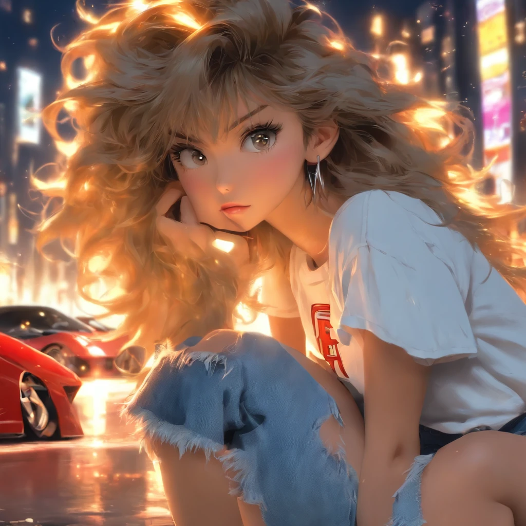 Top quality, masterpiece, ultra high definition, (Real: 1.4), Original photo, (Evening Street), 1 girl, black eyes, looking at the audience, long hair, light makeup, lips, small ears, white t-shirt, denim shorts, earrings, sitting Ferrari,, slim, neat, park