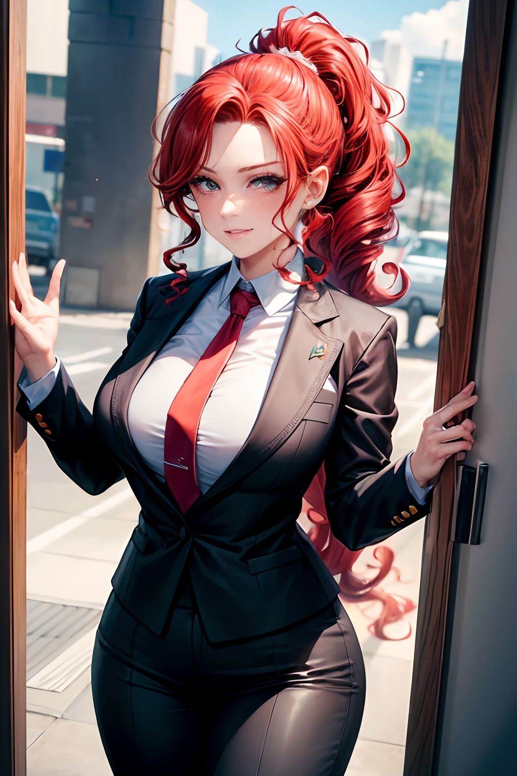 (((Full and soft breasts,)))(((Huge breasts))) (((Cleavage))) (Perfect curvy figure),1 Girl, underwear, Tight shirt, Open blazer, 迷你Short skirt，Short skirt，underwear, Big breasts, Long torso, Red hair, Ponytail, Glowing skin, Cabinets extend upwards