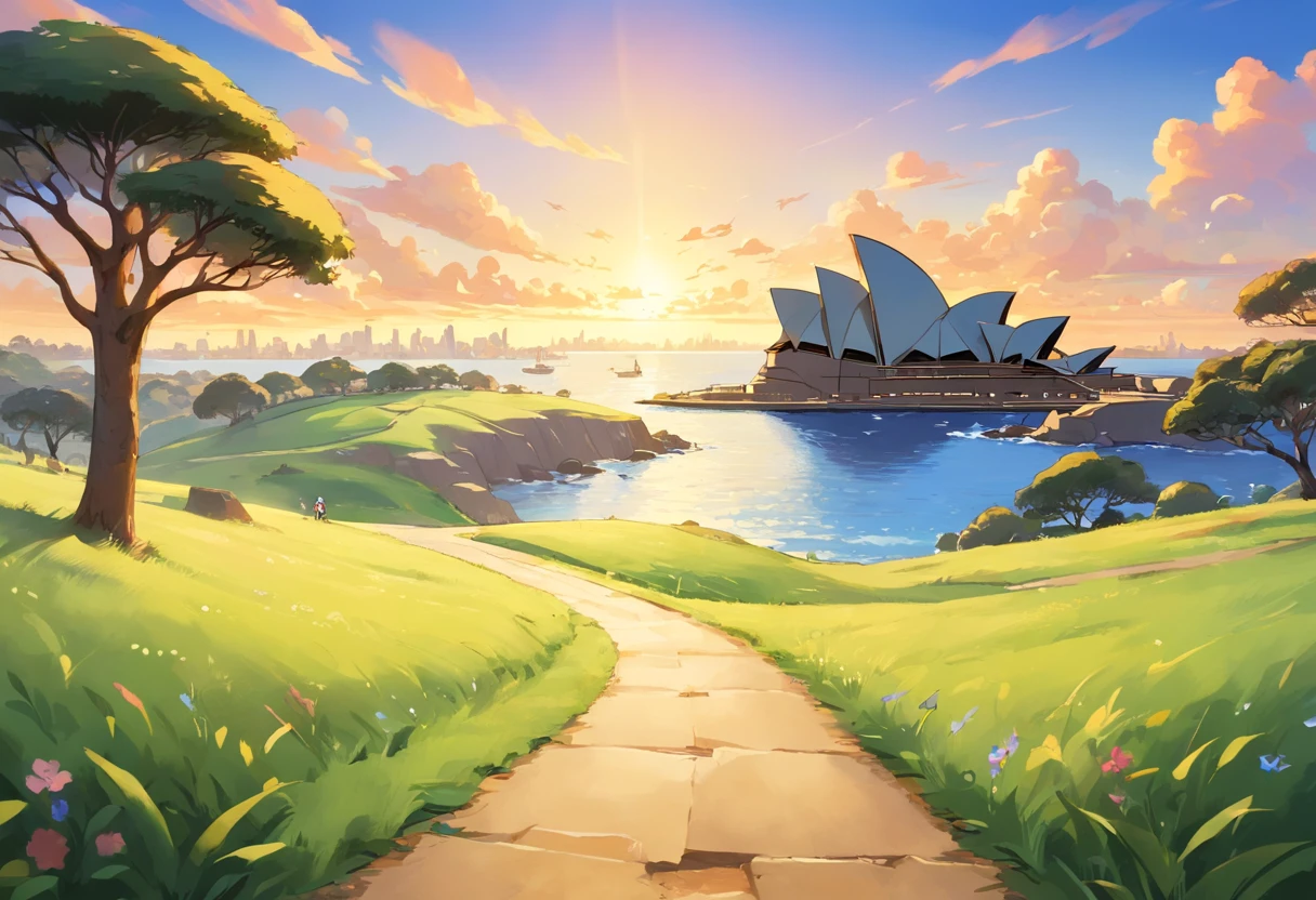 A road in Australia and some blue grass tree are around. Sydney Opera House are also shown in distance.