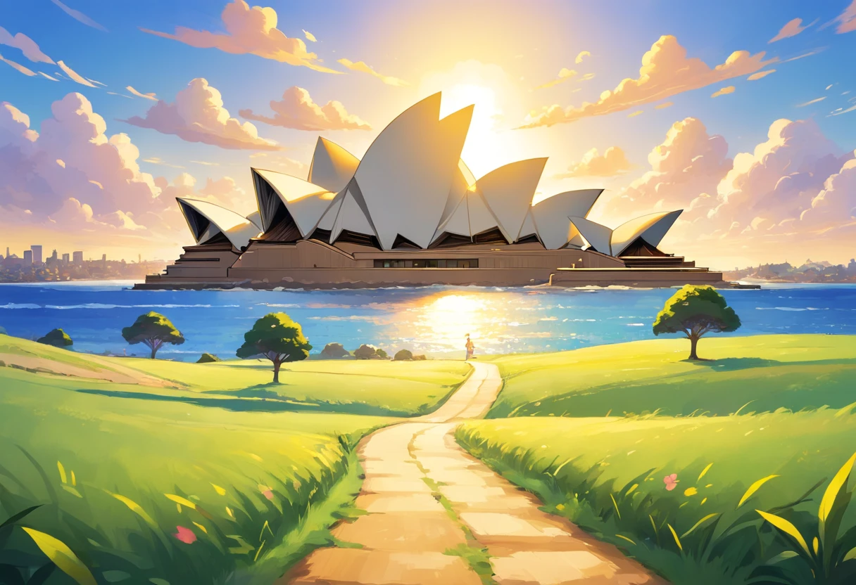 A road in Australia and some blue grass tree are around. Sydney Opera House are also shown in distance.