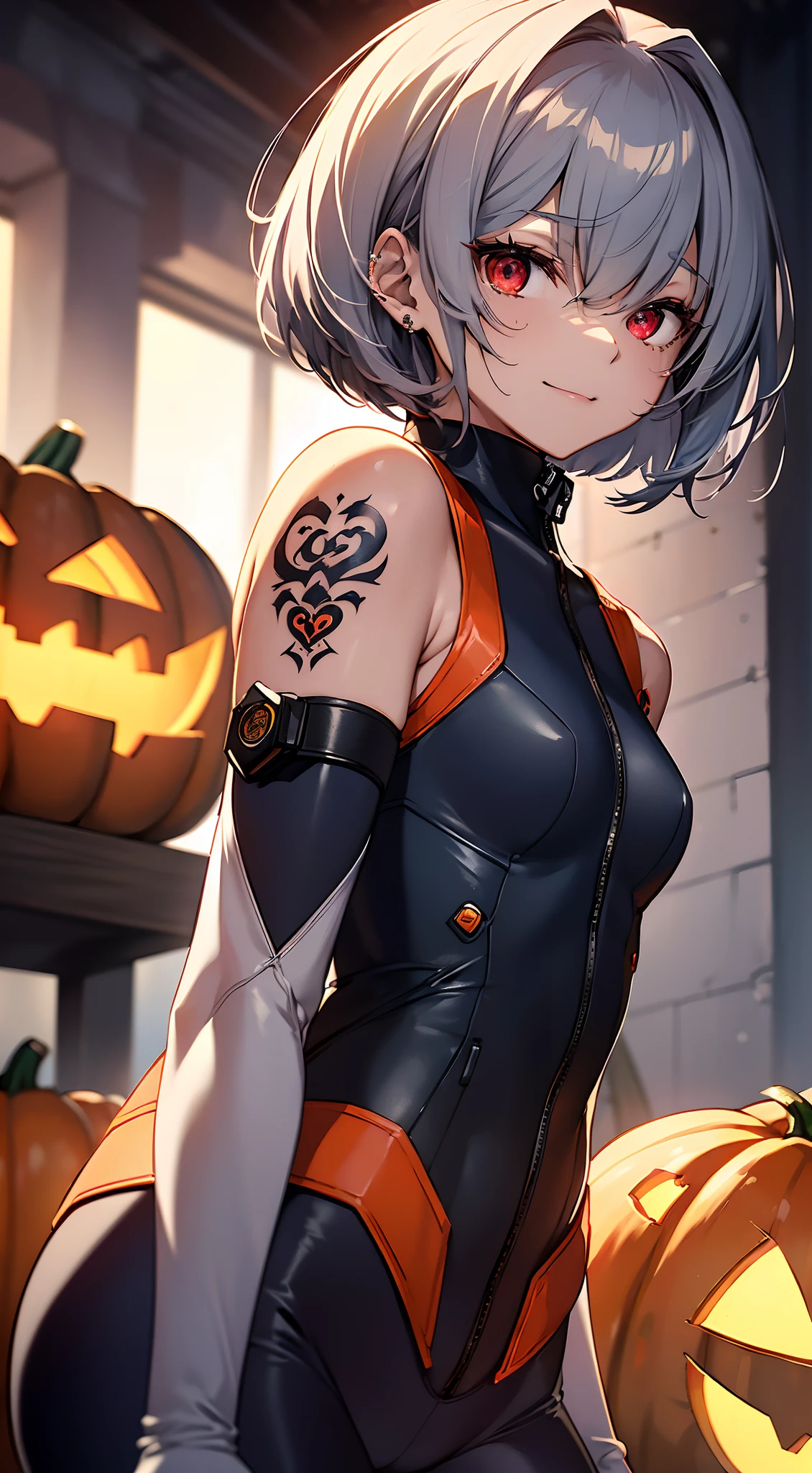 top-quality、Top image quality、in 8K,4K,masterpiece、(NSFW:1.1)、ultra-detailliert、Beautiful、ultra-quality、adult-like、Cool、girl with(((18year old、Halloween Costumes:1.3、Zero Suit 1:3、Bust 78、silber hair、a short bob、Red Eyes、erotick:1.4、Happiness、The tattoo)))、hiquality、visualart、Background with((Halloween 1.2))、masutepiece