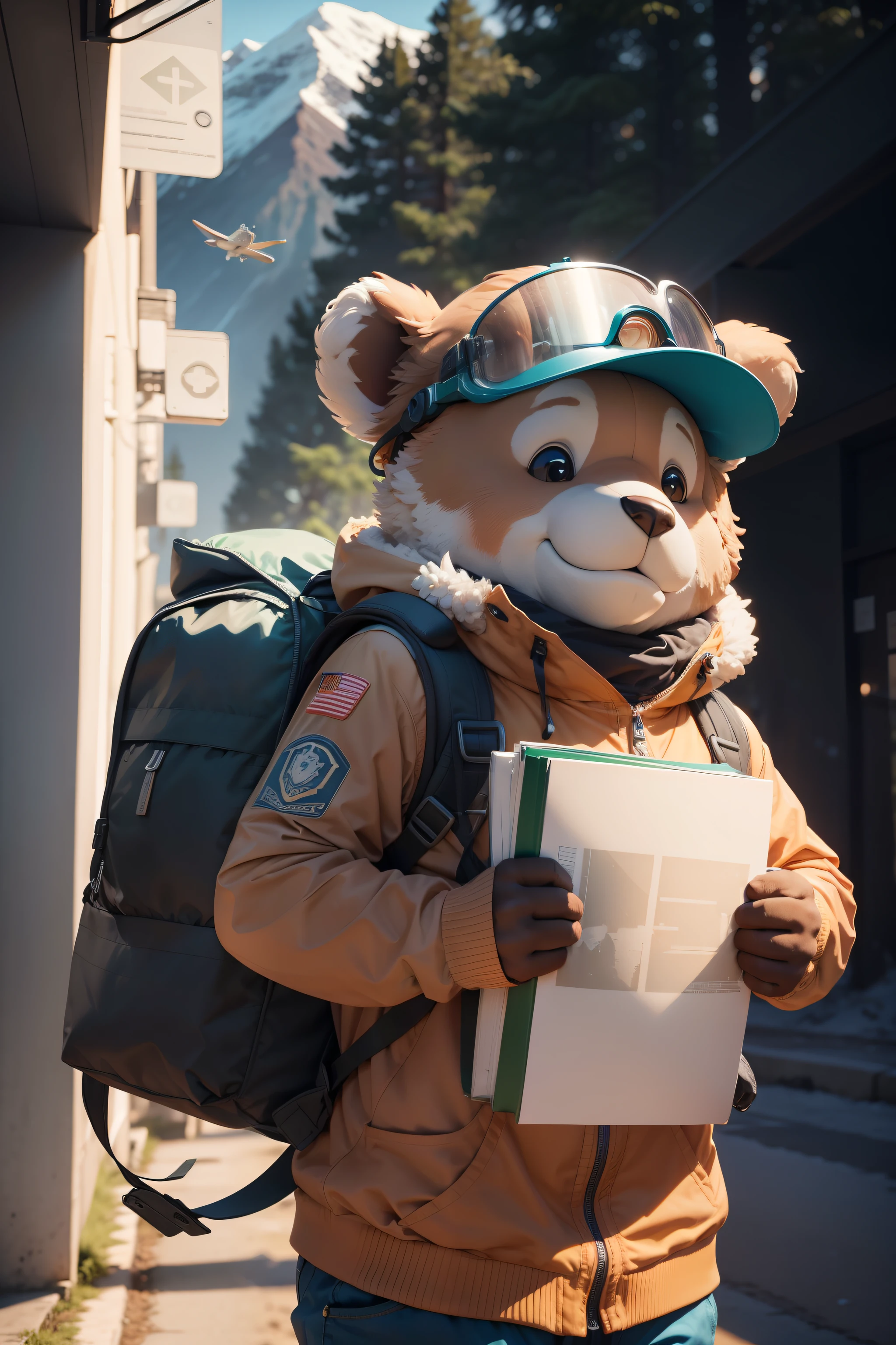 Desenhe um personagem chamado 'Eurekao', A friendly teddy bear with an exploration helmet, sempre em busca de novas curiosidades e fatos interessantes para compartilhar em seu canal 'QuizEureka'. Make sure he's carrying a backpack full of books and flashes a friendly smile as he flies off in search of knowledge. Get creative with the details and colors to make Eurekao the most captivating and adorable mascot possible!