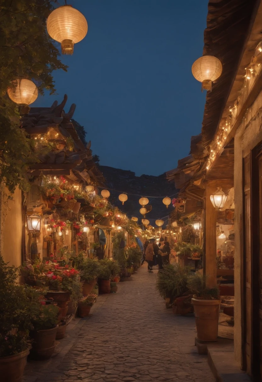 A beautiful night, Illuminated by the stars，bright moon，busy street，Decorations，lanterns，There are many shops at the door，A wide range of products，Young Girl Walking Forward，Smile back，Masterpiece, 8K, hight resolution, Best Quality, High Details, Textured skin