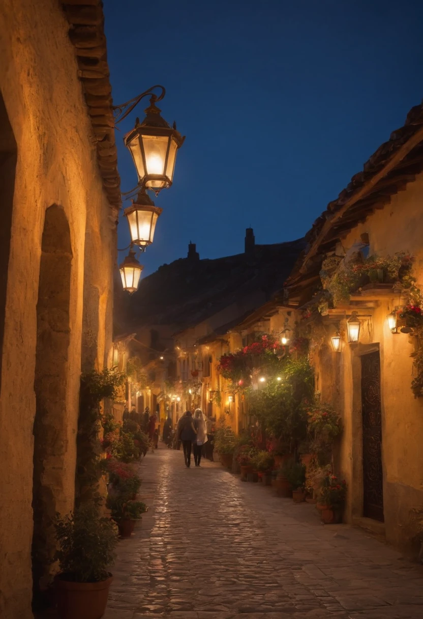 A beautiful night, Illuminated by the stars,bright moon,busy street,Decorations,lanterns,There are many shops at the door,A wide range of products,Young Girl Walking Forward,Smile back,Masterpiece, 8K, hight resolution, Best Quality, High Details, Textured skin