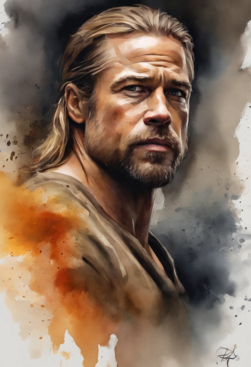 t-shirt design, 2D illustration, centered art, roaring flames in the background, face of Brad Pitt Sandor Clegane Blonde Hair de Game of Thrones, gothic colors, mood of tension and terror, half of face is burnt like Harvey Dent, face covered in scars, Adobe Illustration, Trending on Artstation, 8K, hd, masterpiece, gorgeous art, intricate details , -